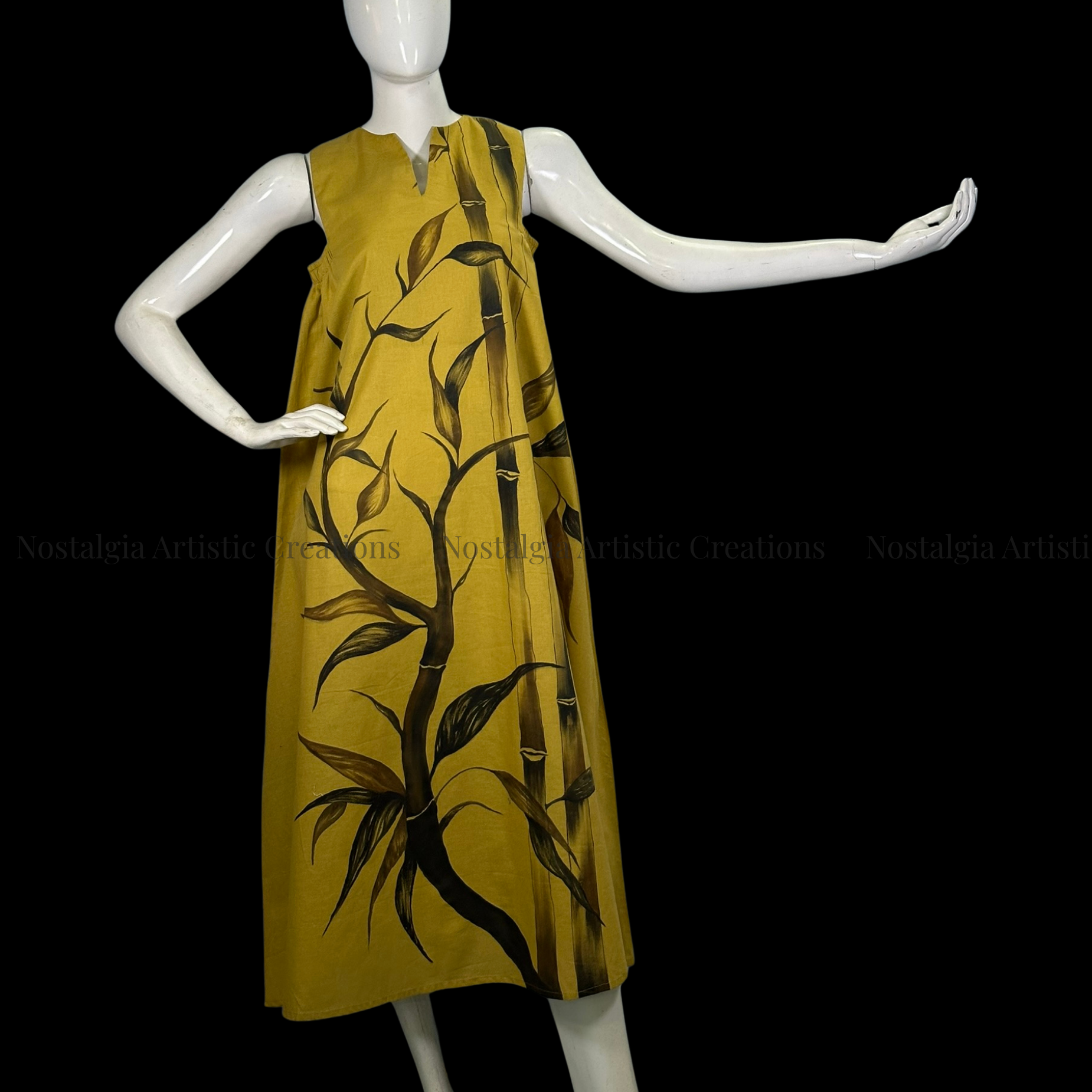 Mustard Bamboo Print Sleeveless A-Line Midi Dress - PL0602