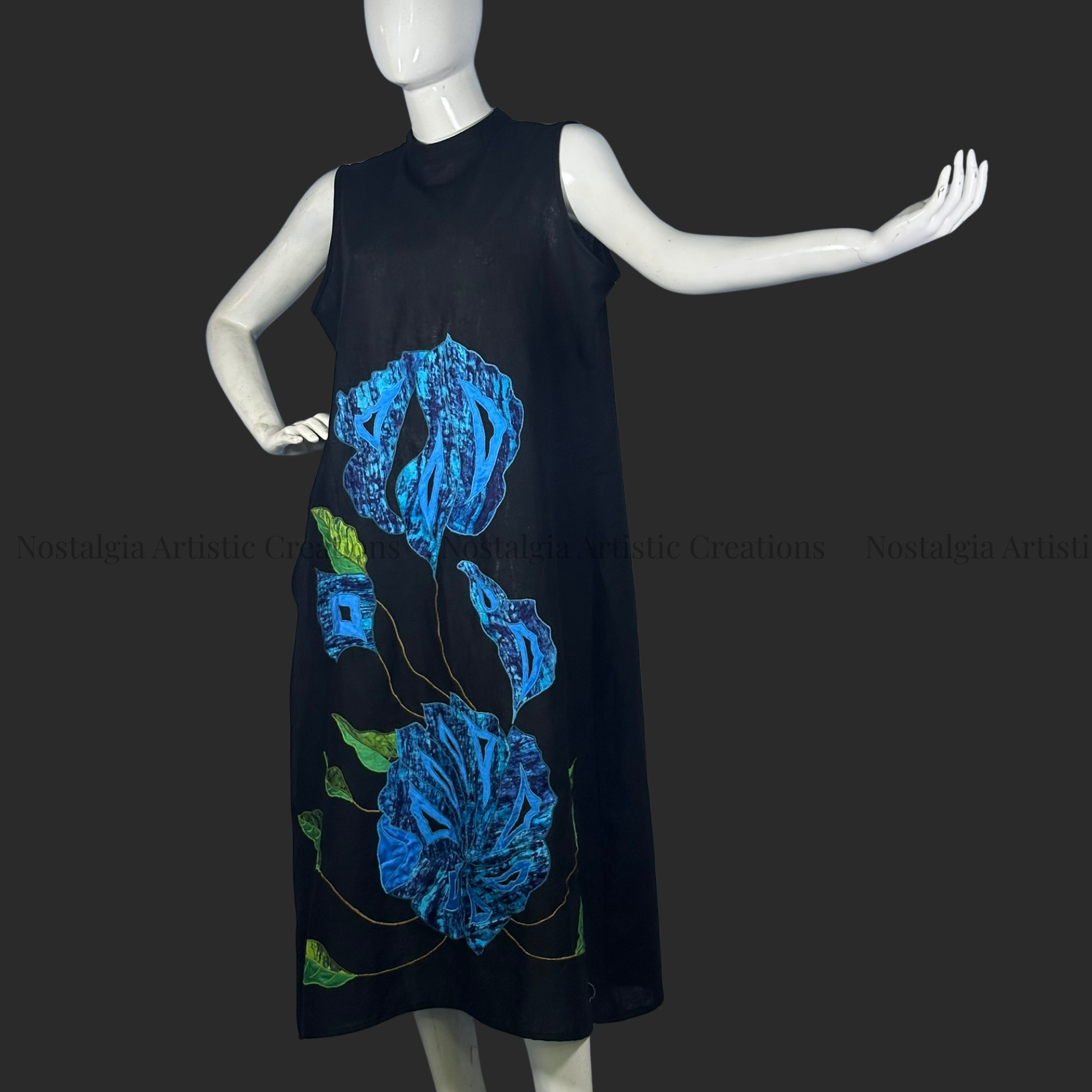 Black Blue Floral Art Sleeveless Dress - PL0607