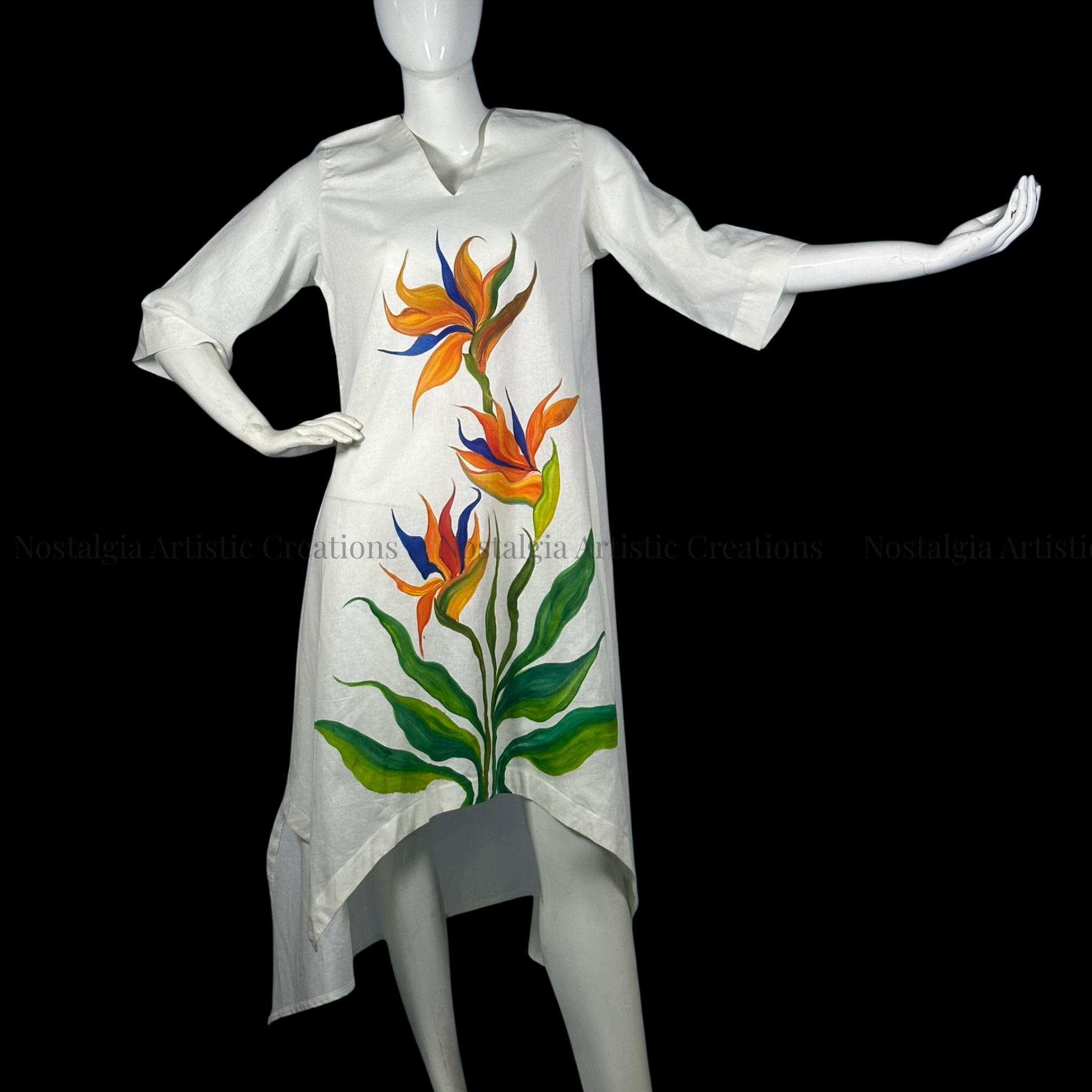 White Hand-Painted Bird of Paradise High-Low Dress - PL0609