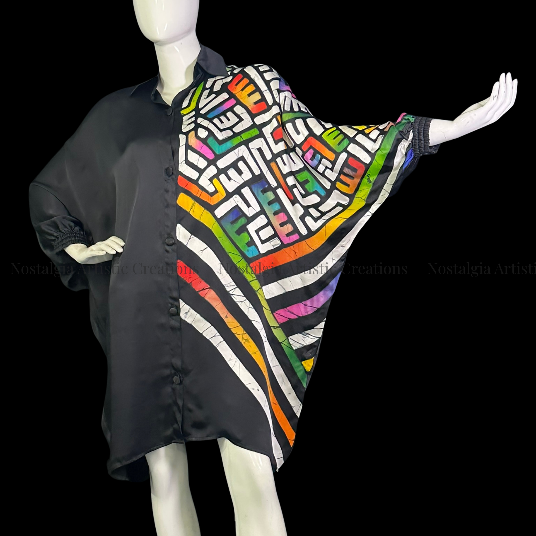 Hand-Painted Batik Black Oversized Poncho | Artisan Geometric Silk Kaftan Top - PS0415