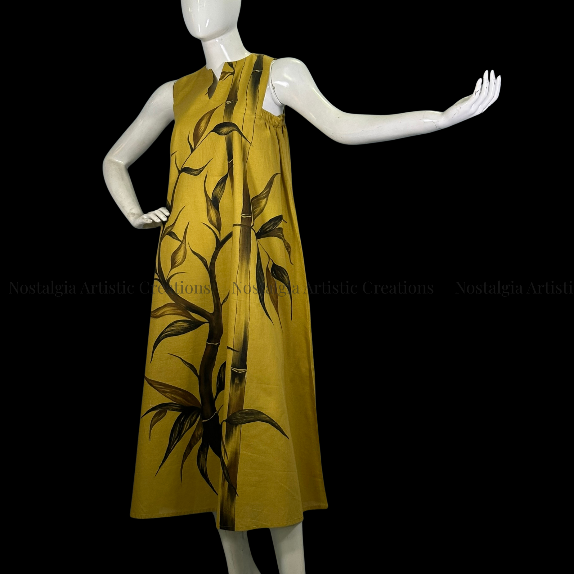 Mustard Bamboo Print Sleeveless A-Line Midi Dress - PL0602