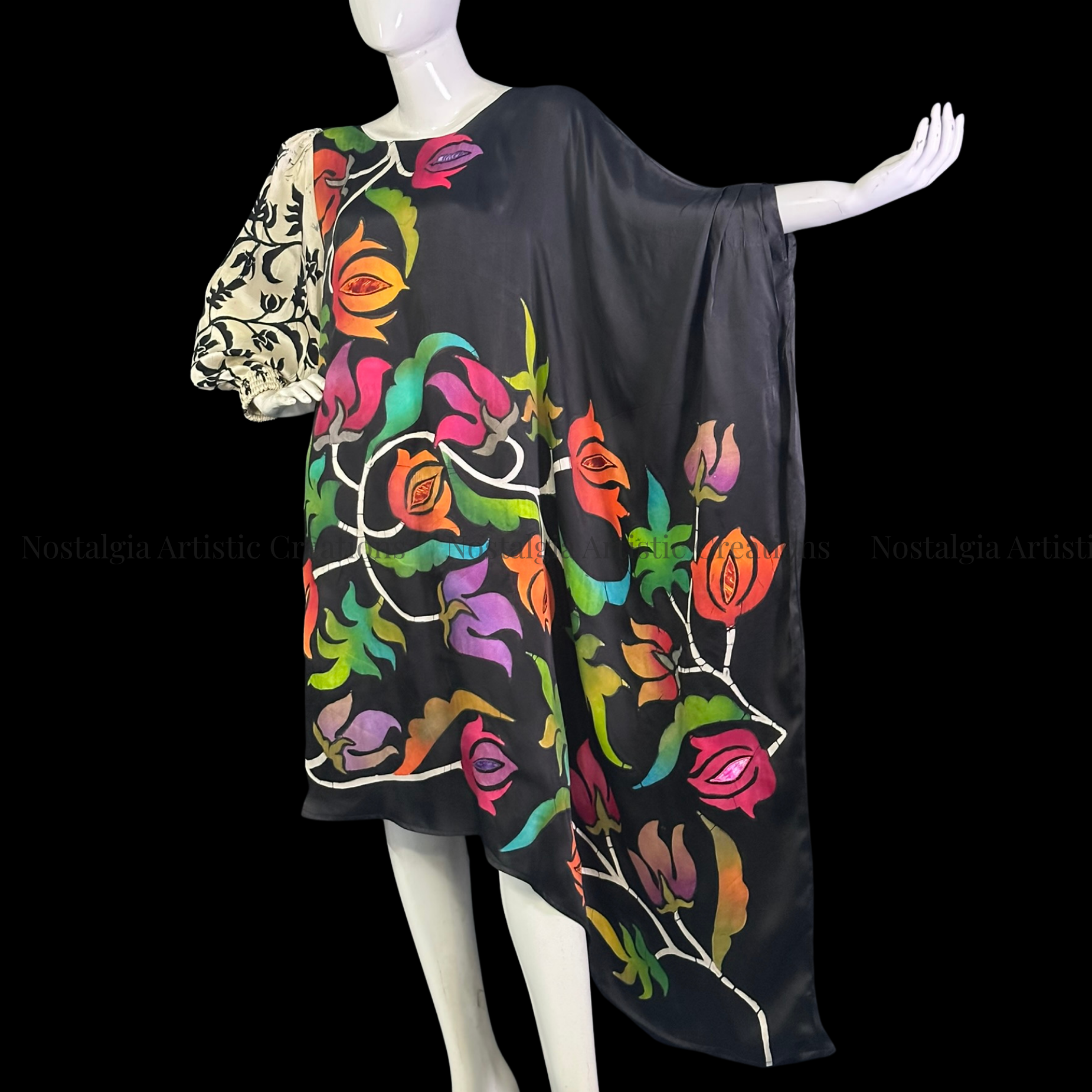 Black Hand-Painted Batik Asymmetrical Kaftan Dress | Artisan One-Shoulder Oversized Tunic - PS0412