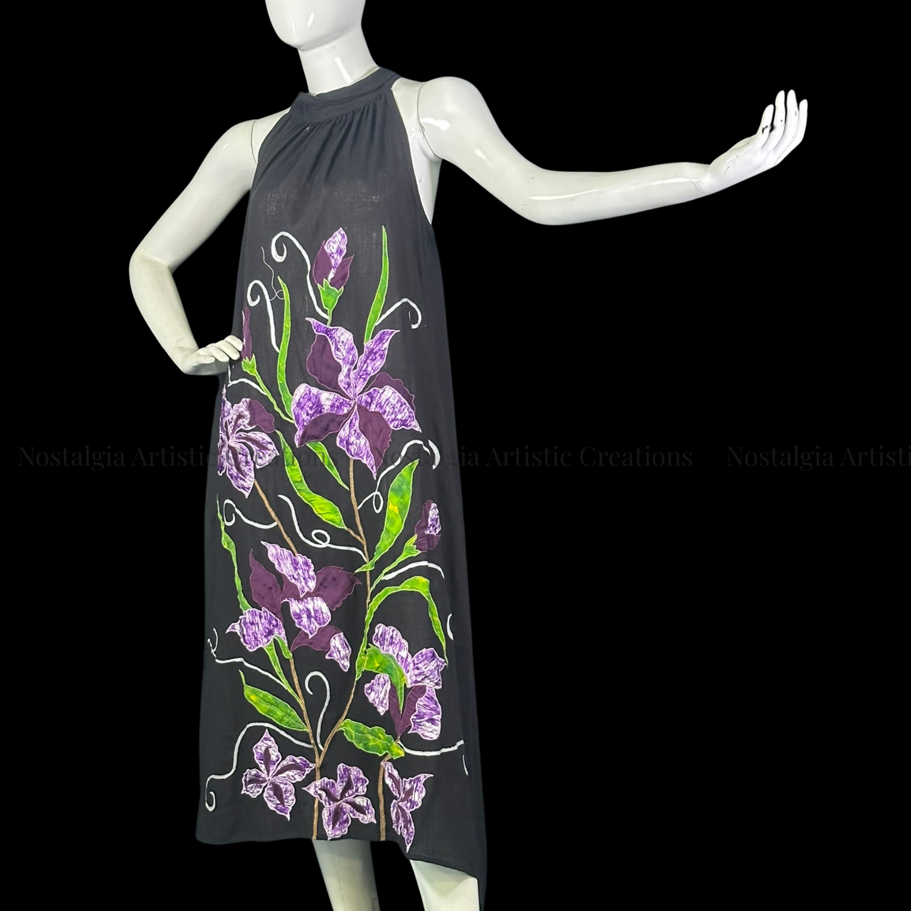 Black & Purple Floral Linen High-Low Dress with Green Leaf Design - PL0504