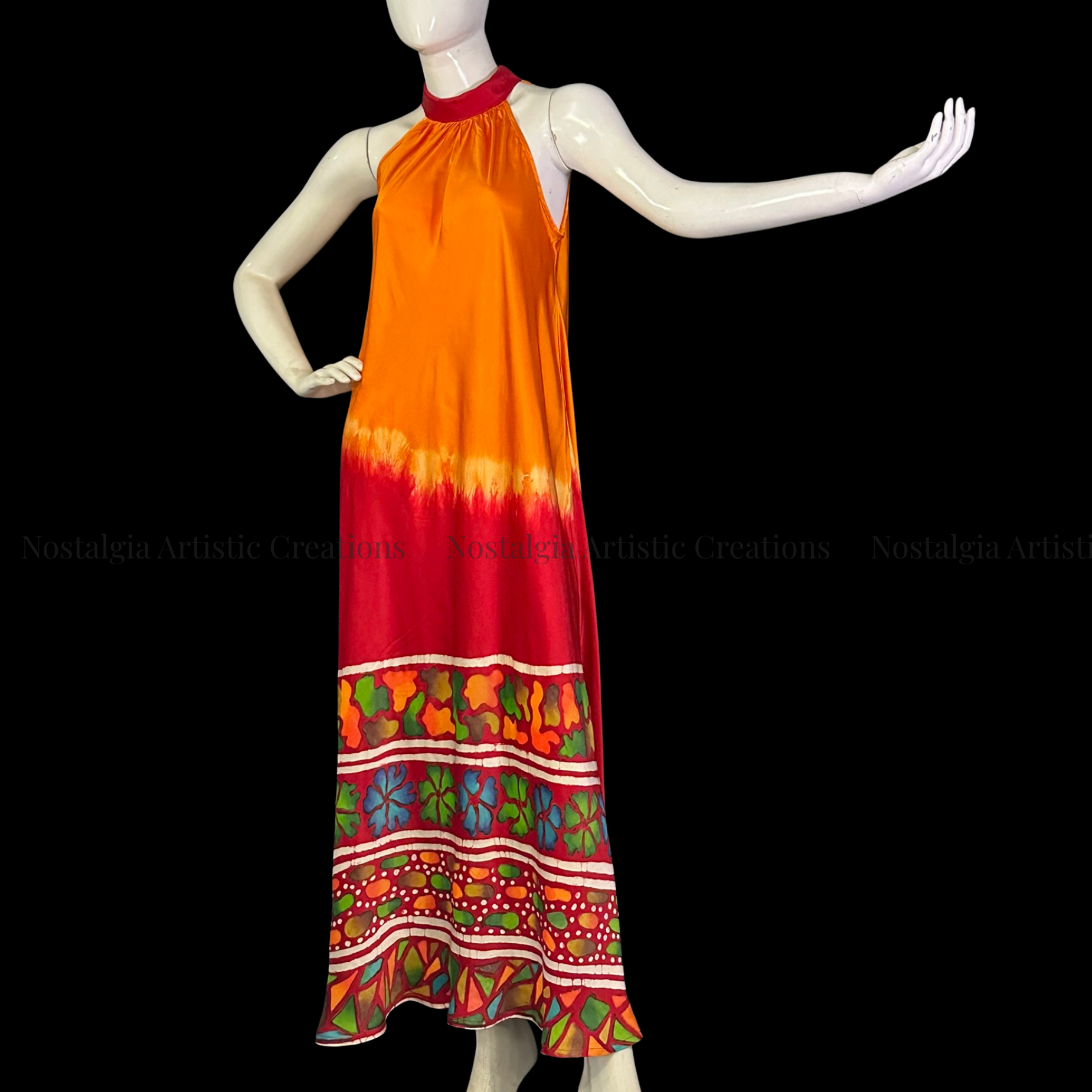 Hand-Painted Batik Orange & Red Halter Maxi Dress - PS0418