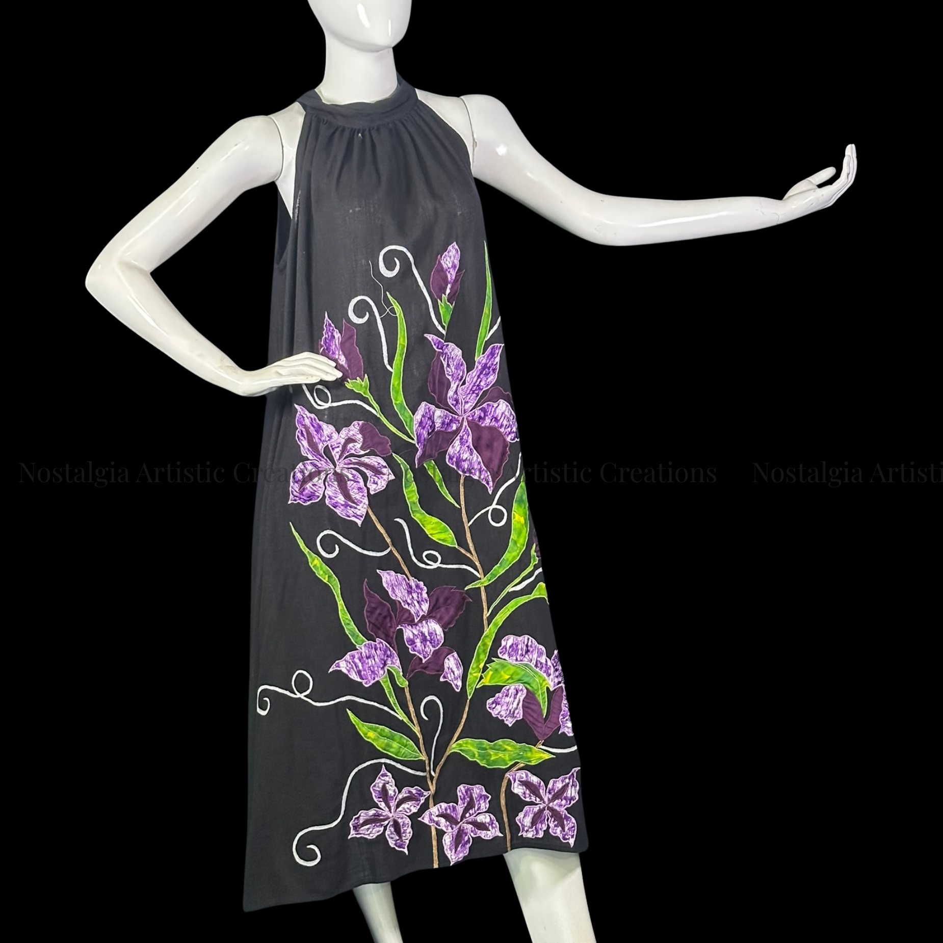 Black & Purple Floral Linen High-Low Dress with Green Leaf Design - PL0504