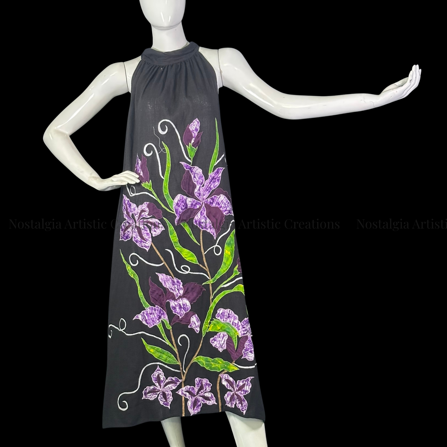 Black & Purple Floral Linen High-Low Dress with Green Leaf Design - PL0504