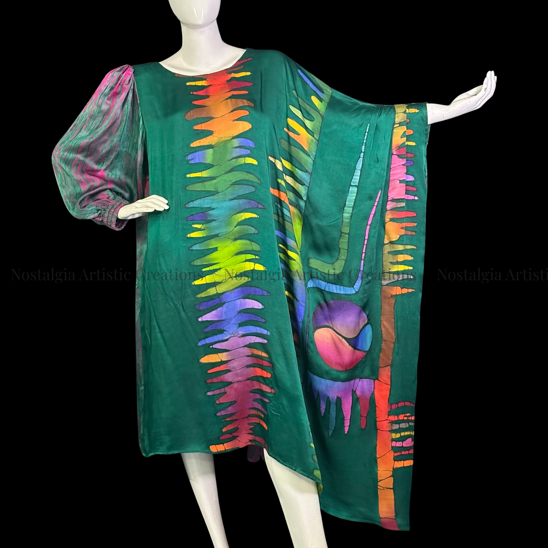 Emerald Green Hand-Painted Batik Asymmetrical Kaftan Dress | Oversized Artisan Statement Dress - PS0413