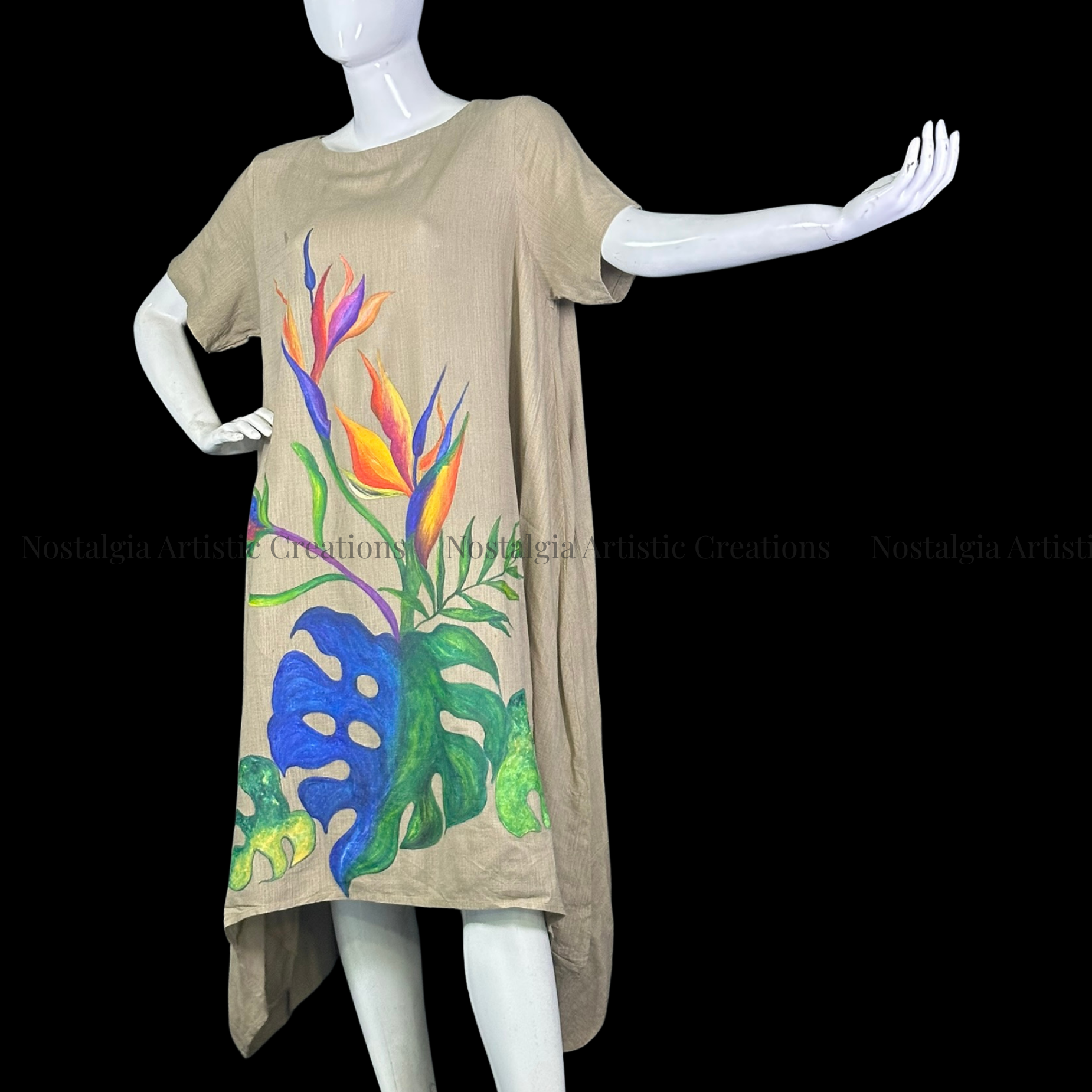 Beige Tropical Bird of Paradise Linen High-Low Dress - PL0510