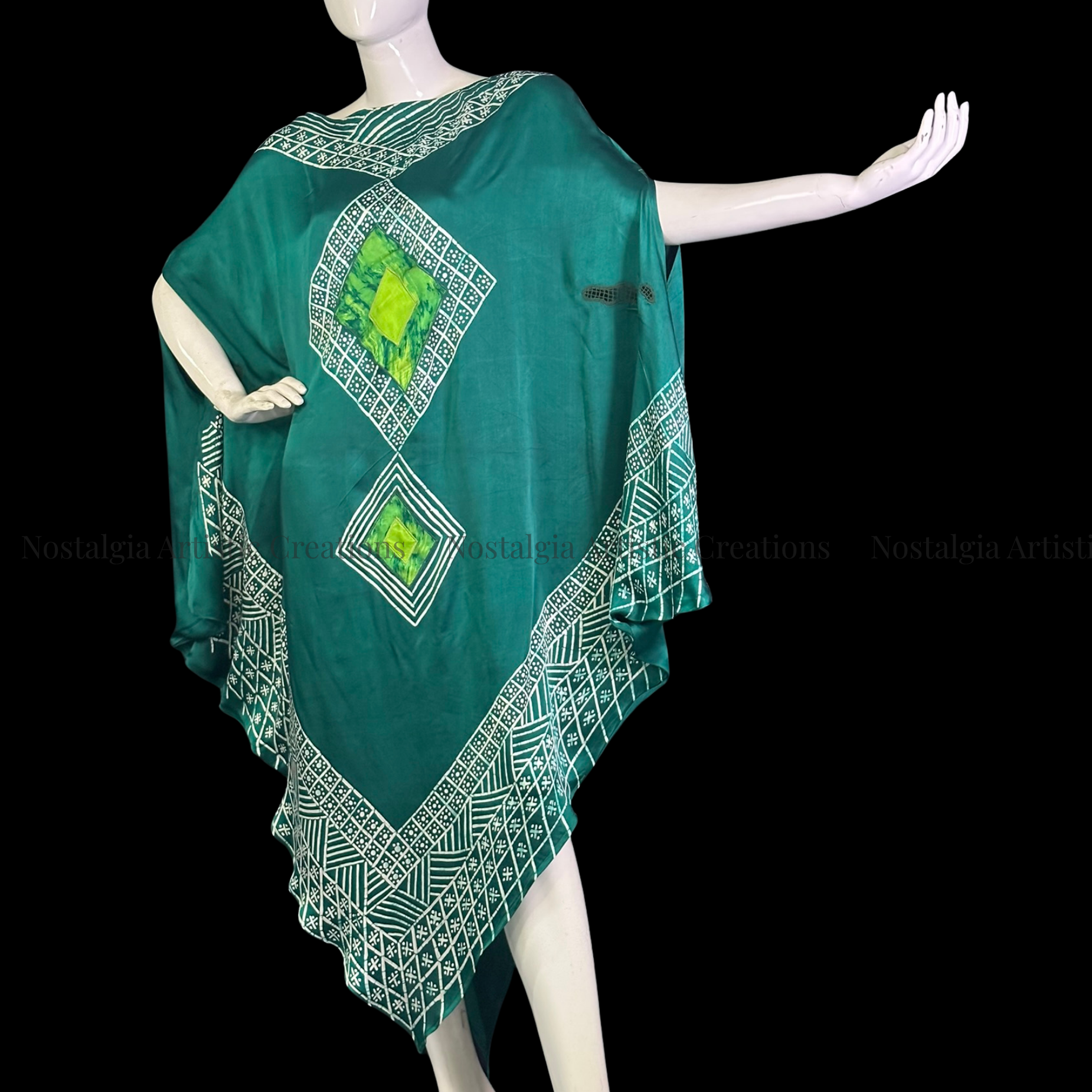 Emerald Green Hand-Painted Batik Kaftan Dress | Oversized Artisan Poncho Dress - PS0411