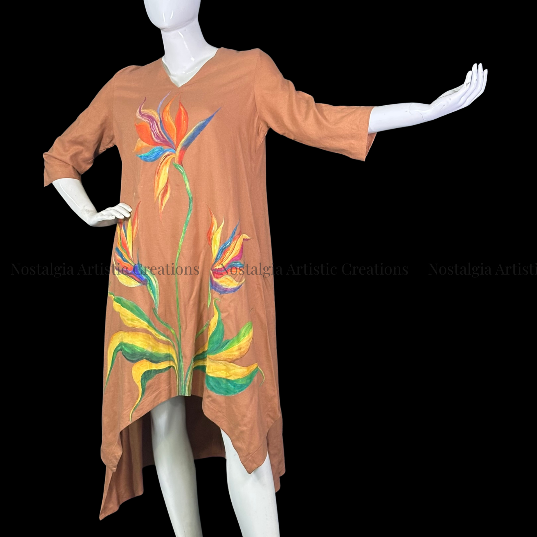 Brown Bird of Paradise Linen High-Low Dress with Multicolor Floral Design - PL0509