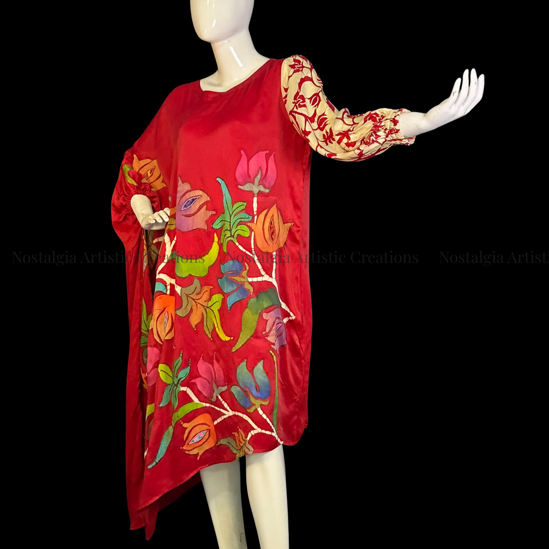 Hand-Painted Batik Asymmetrical Kaftan Dress | Red One-Shoulder Oversized Caftan - PS0403