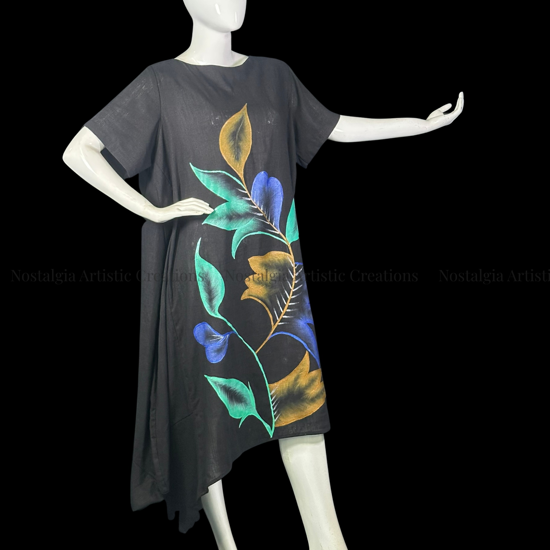 Black, Blue & Gold Floral Linen High-Low Dress with Green Leaf Design - PL0508
