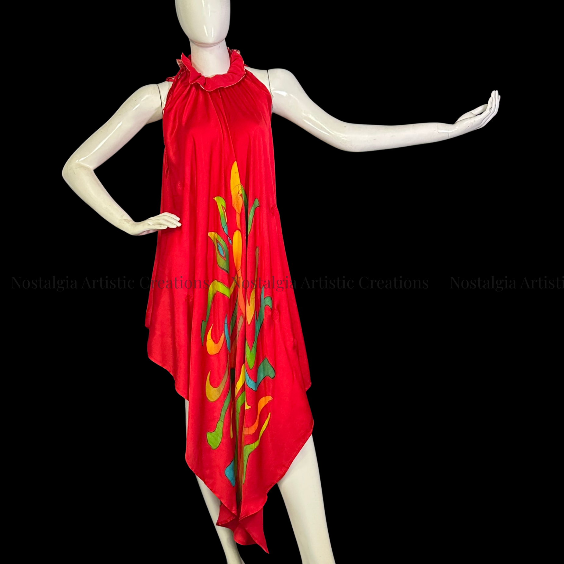 Hand-Painted Batik Handkerchief Hem Dress | Red Sleeveless Artisan Midi Dress - PS0405