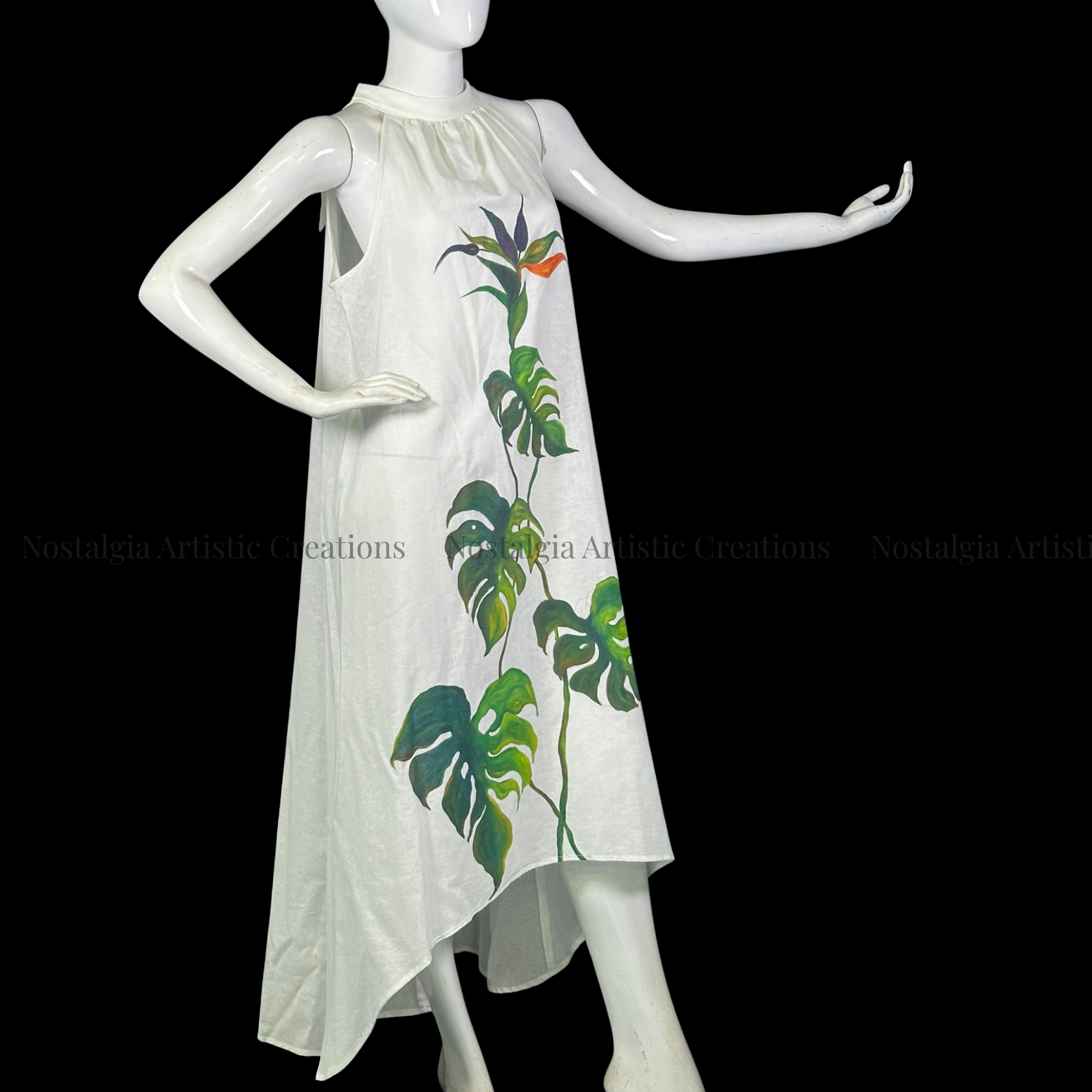 White & Green High-Low Tropical Linen Dress - PL0501