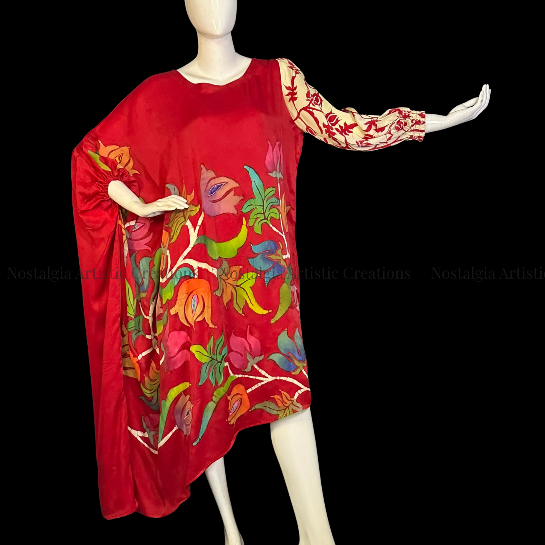Hand-Painted Batik Asymmetrical Kaftan Dress | Red One-Shoulder Oversized Caftan - PS0403