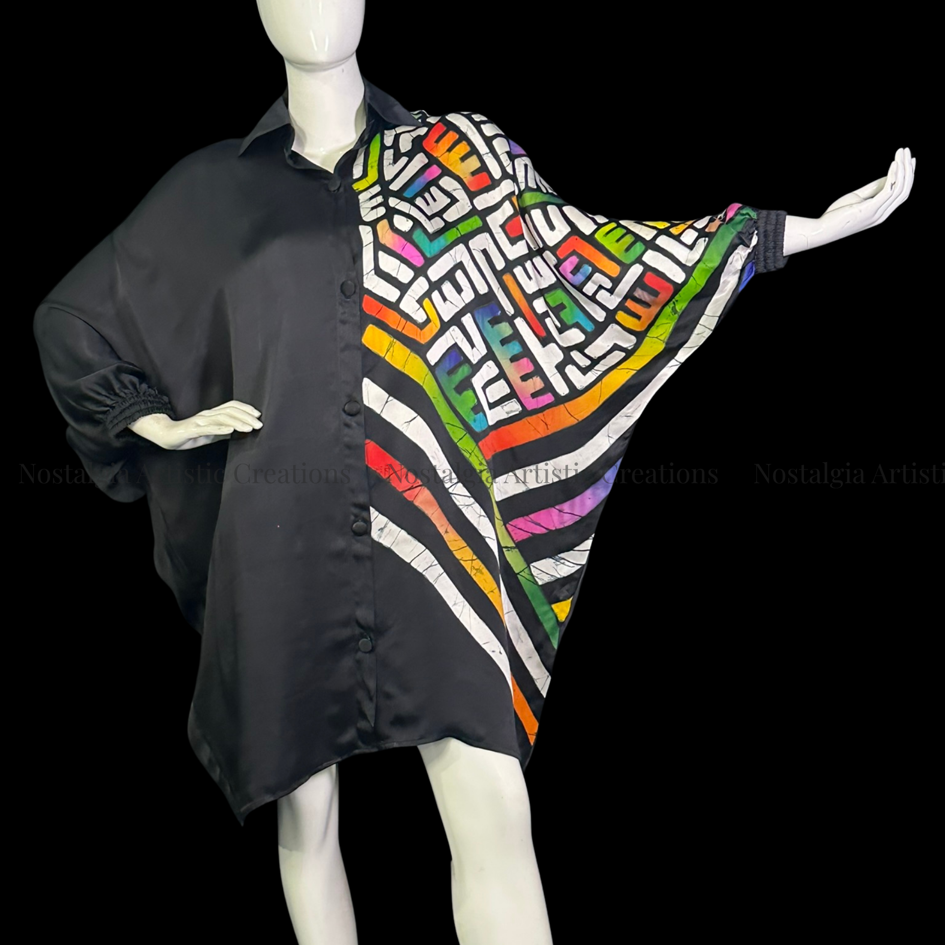 Hand-Painted Batik Black Oversized Poncho | Artisan Geometric Silk Kaftan Top - PS0415