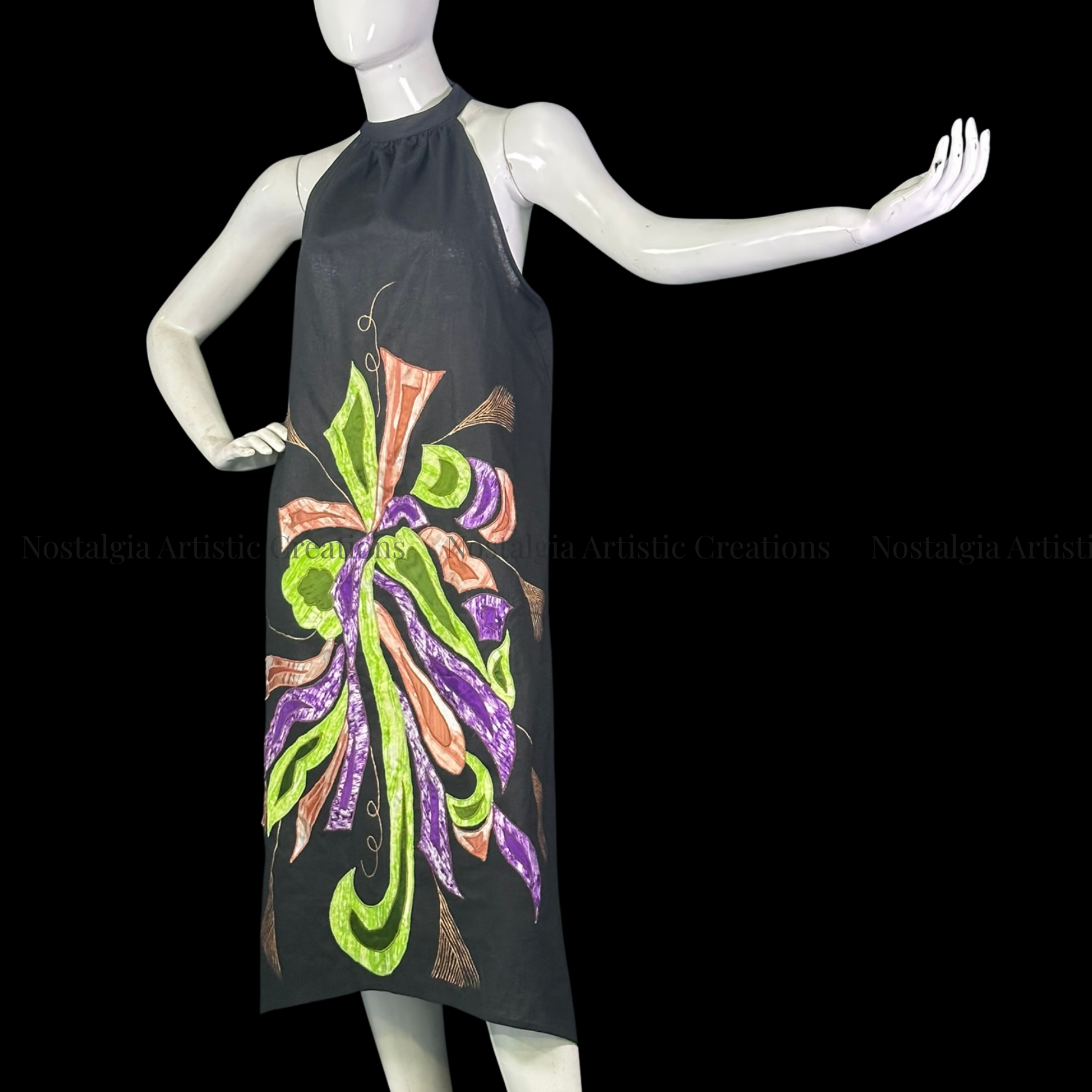 Black Floral High-Low Linen Dress with Green, Purple & Peach Design - PL0502