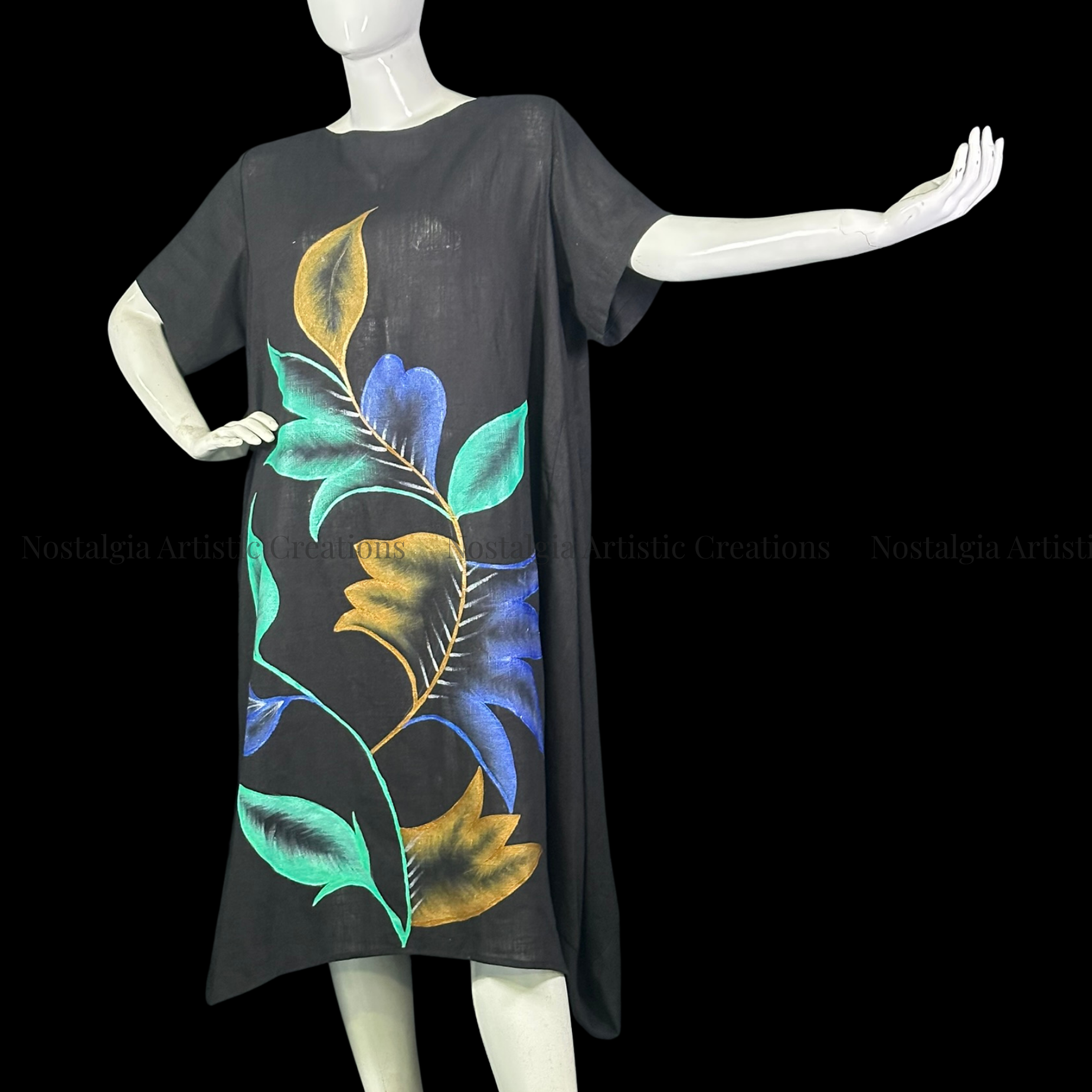 Black, Blue & Gold Floral Linen High-Low Dress with Green Leaf Design - PL0508