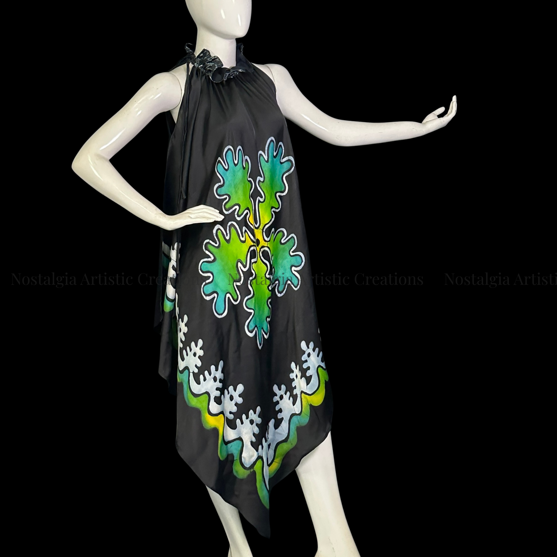 Hand-Painted Batik Halter Handkerchief Hem Dress | Black Artisan Midi Dress - PS0406