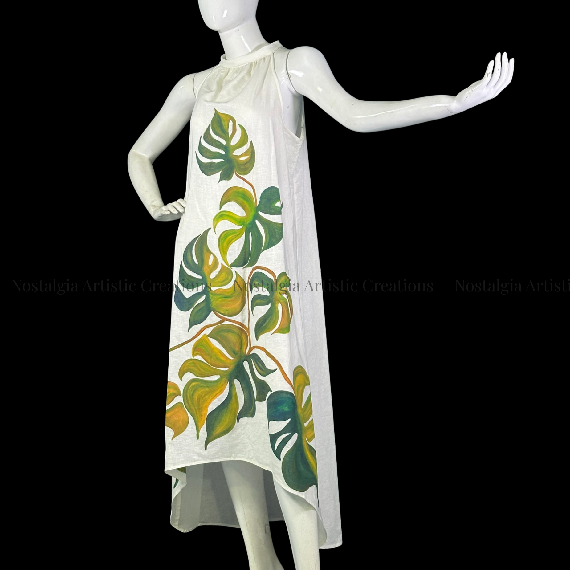 White & Green Monstera Linen High-Low Dress - PL0503