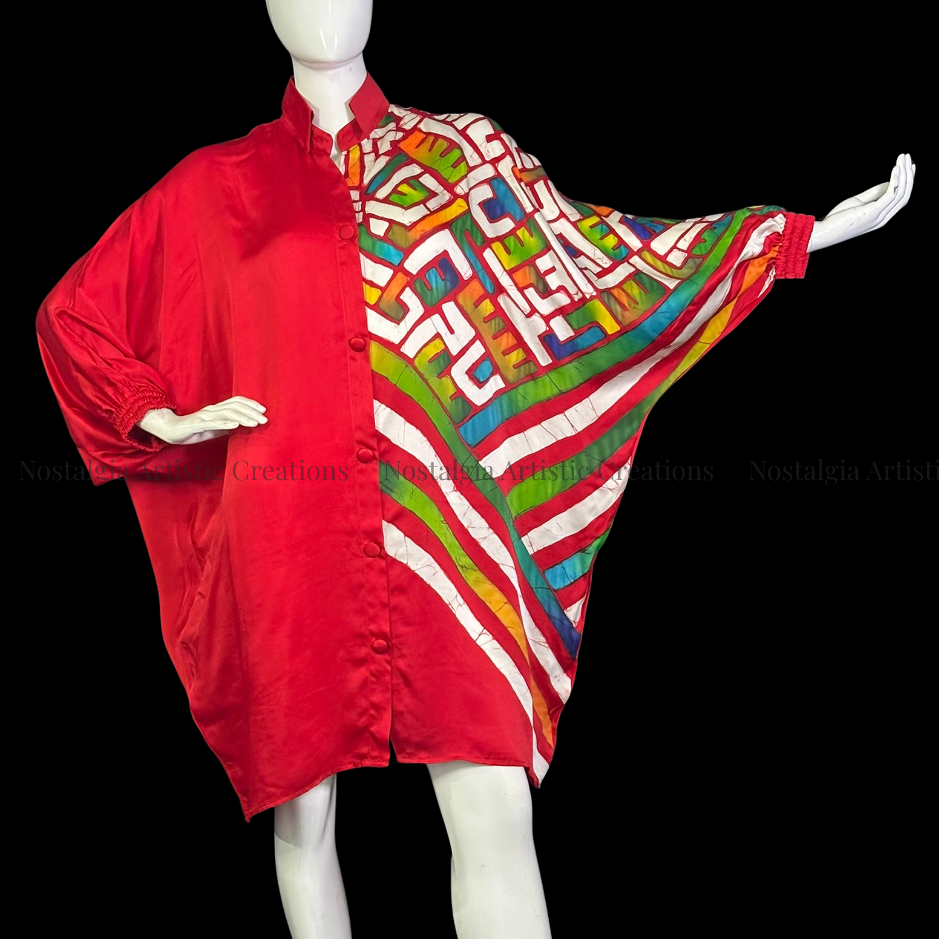 Hand-Painted Batik Red Asymmetrical Batwing Poncho | Oversized Artisan Button-Front Kaftan - PS0416