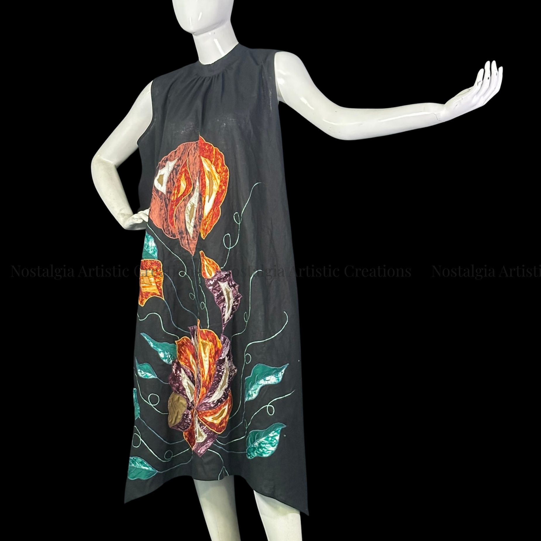 Black Orange Floral Linen High-Low Dress with Teal Leaf Design - PL0506