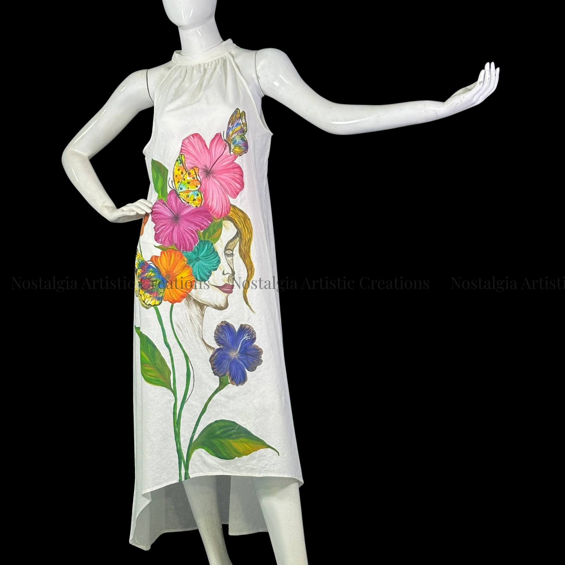 White Floral Linen High-Low Dress with Multicolor Butterfly Design - PL0505