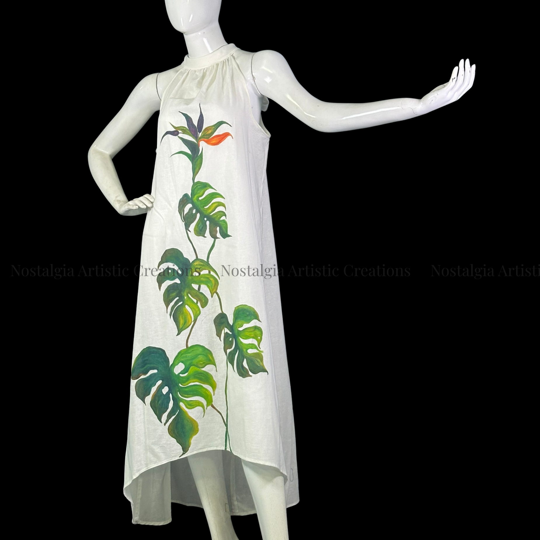 White & Green High-Low Tropical Linen Dress - PL0501