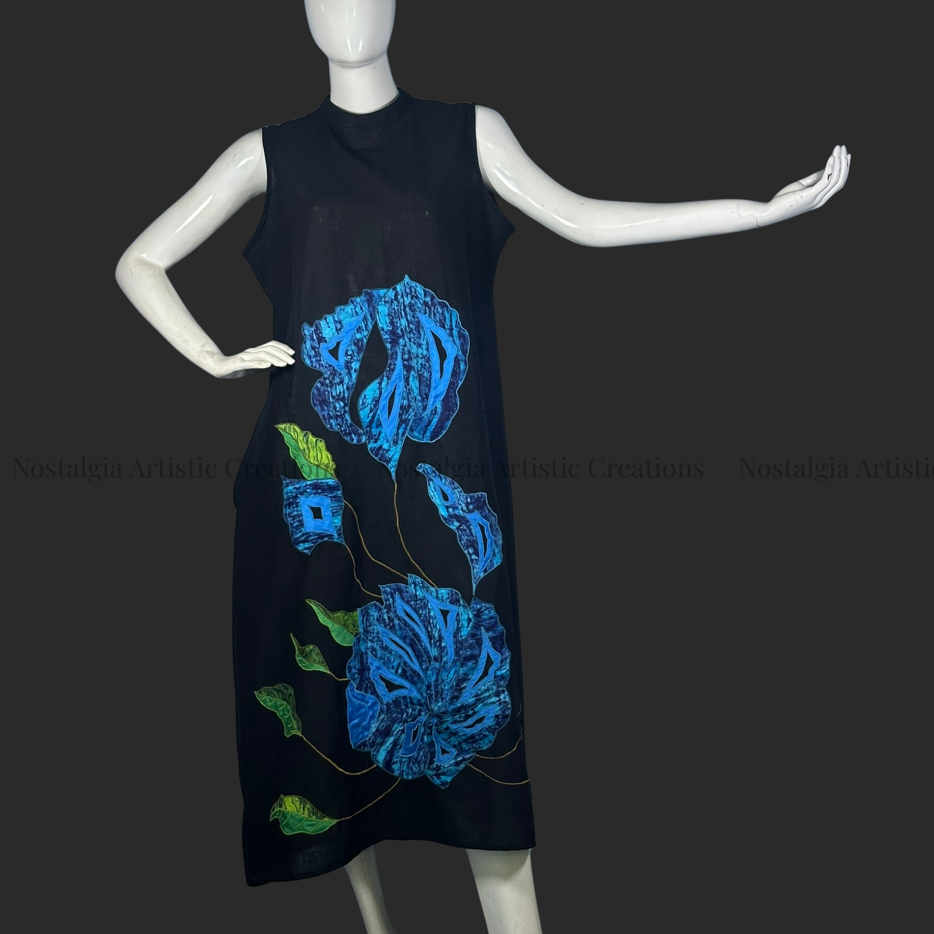Black Blue Floral Art Sleeveless Dress - PL0607