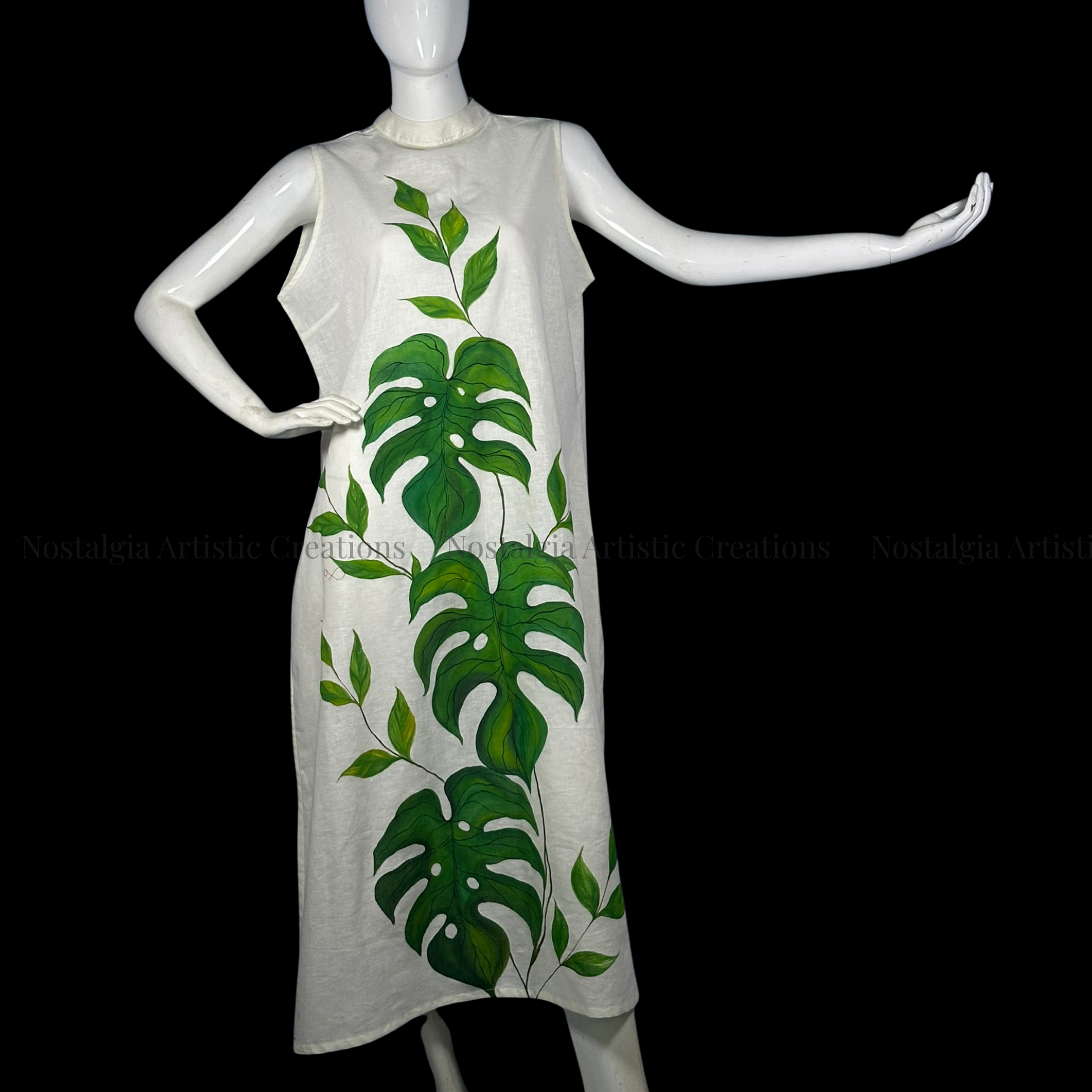 White Hand-Painted Monstera Sleeveless A-Line Midi Dress - PL0610