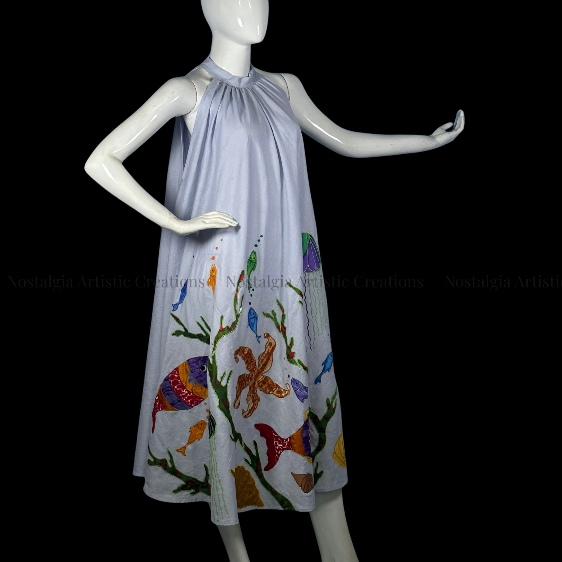 Light Grey Hand-Painted Ocean Life Sleeveless A-Line Midi Dress - PL0610 