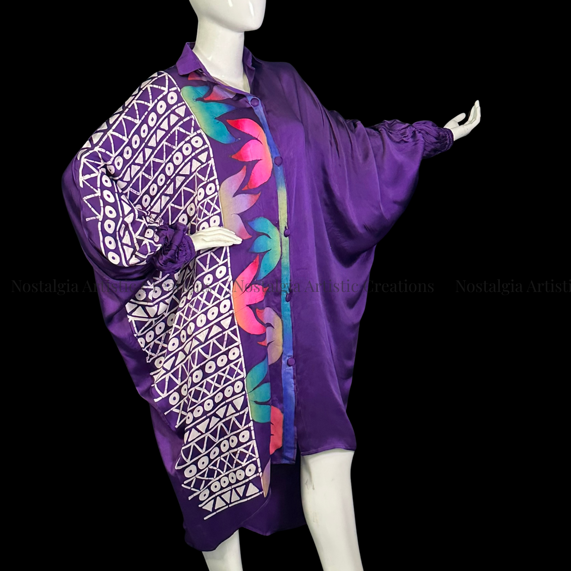 Purple Hand-Painted Batik Oversized Shirt Dress | Artisan One-Size Kaftan Dress - PS0407