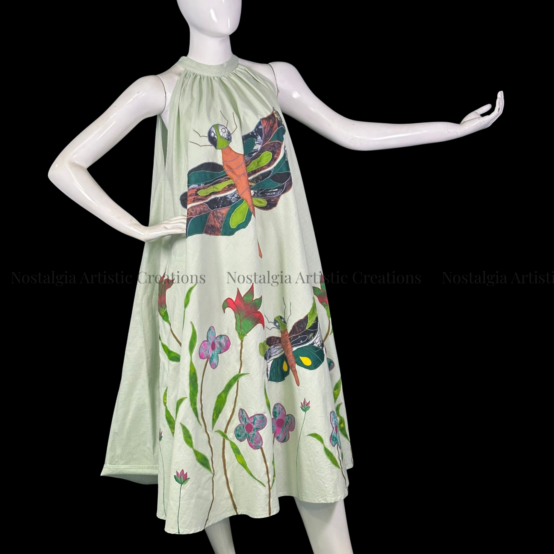 Sage Green Dragonfly Garden Halter Midi Dress - PL0511