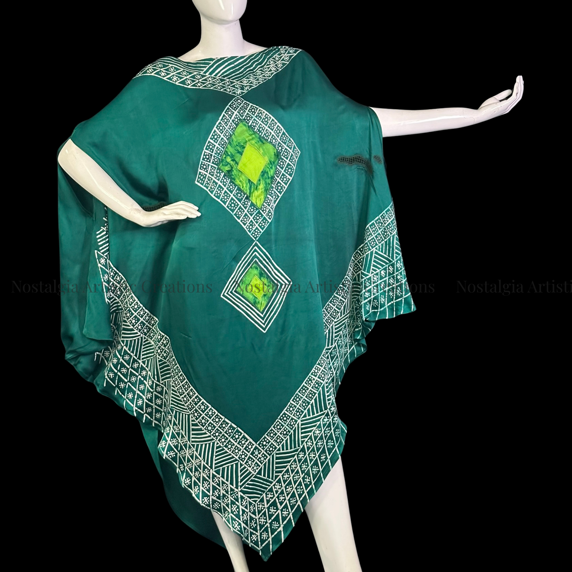 Emerald Green Hand-Painted Batik Kaftan Dress | Oversized Artisan Poncho Dress - PS0411