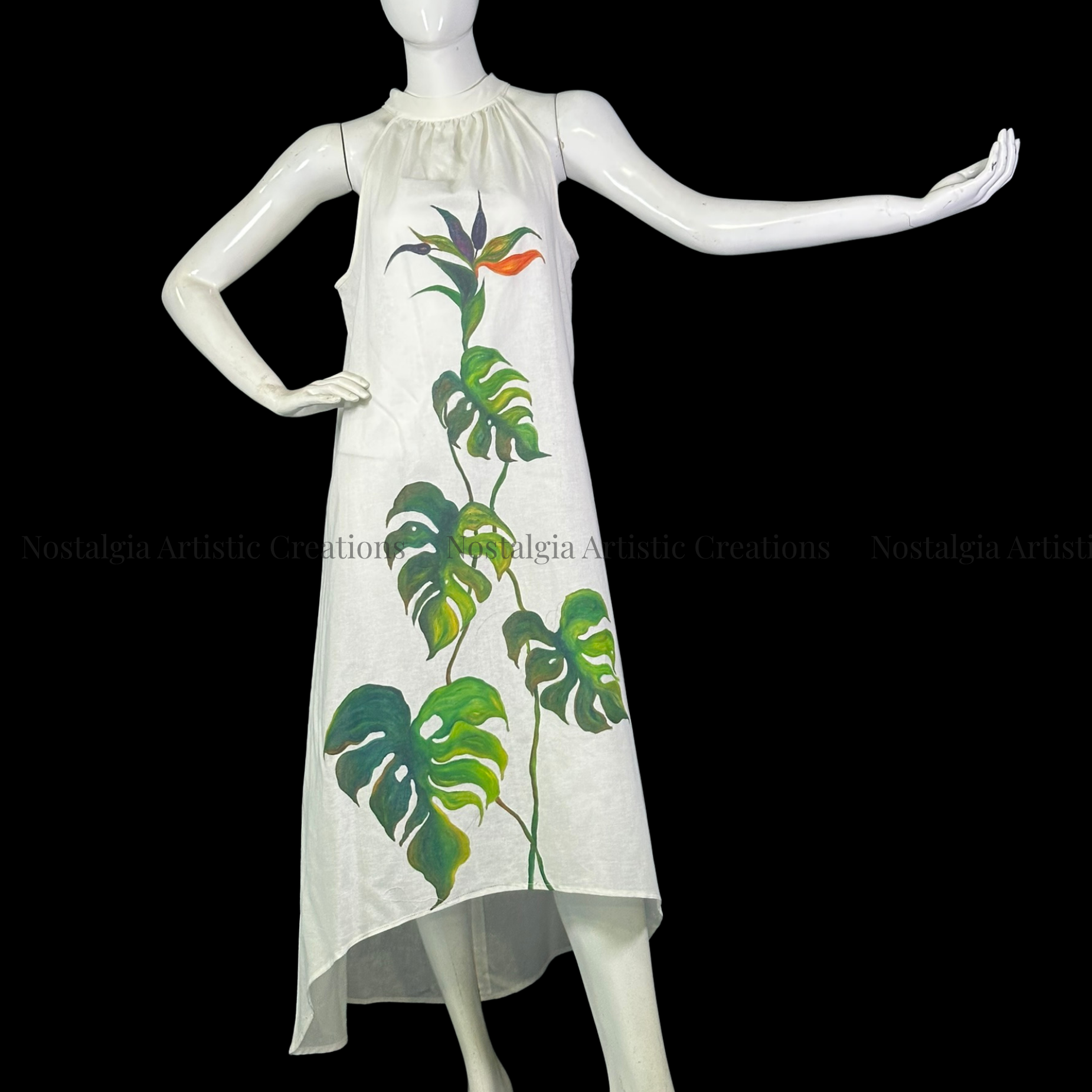 White & Green High-Low Tropical Linen Dress - PL0501