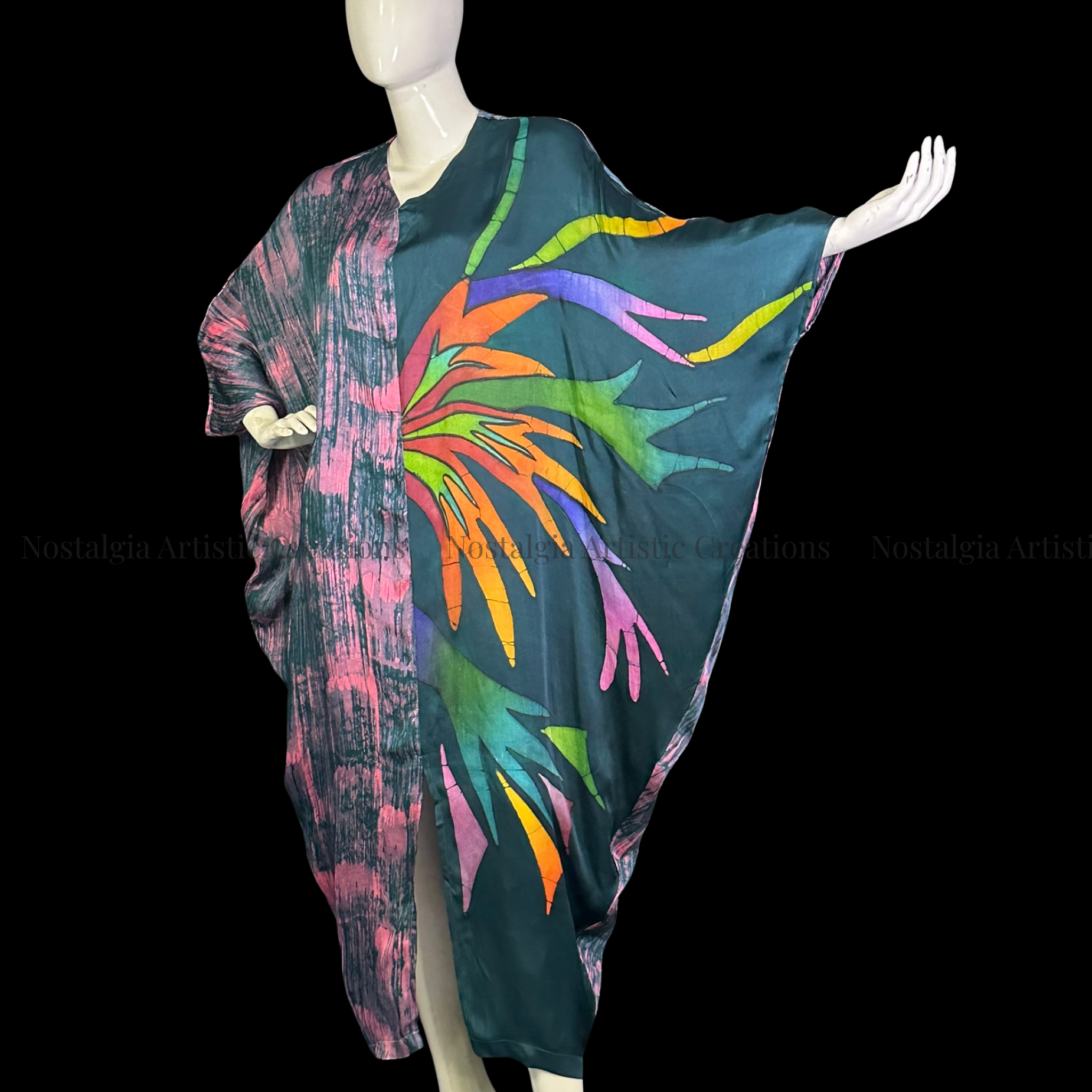 Hand-Painted Batik Asymmetrical Kaftan Dress | Oversized Pink & Charcoal Artisan Caftan - PS0404