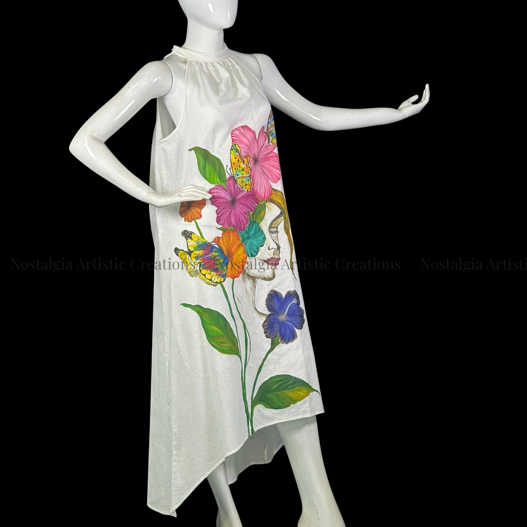 White Floral Linen High-Low Dress with Multicolor Butterfly Design - PL0505