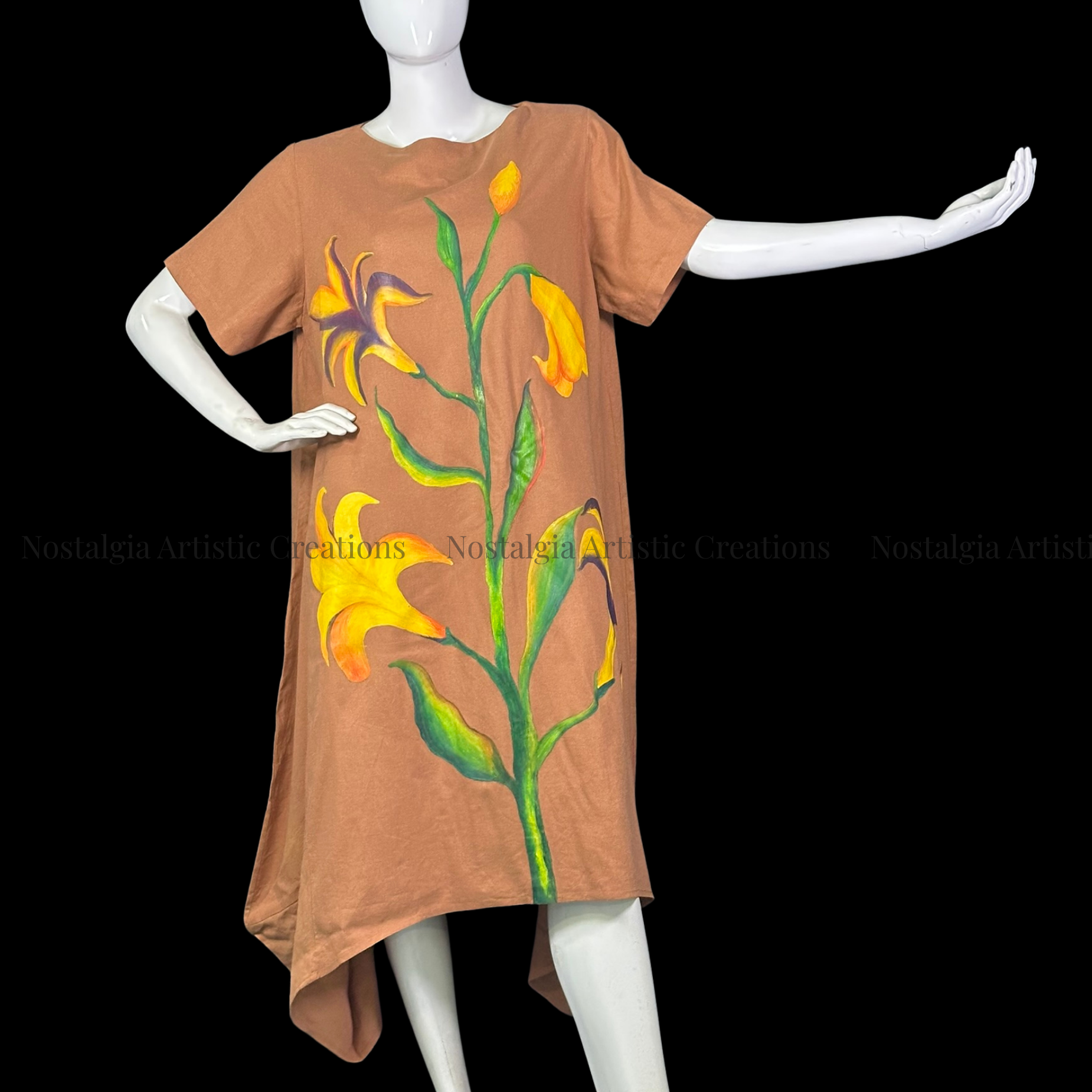 Brown & Yellow Lily Linen High-Low Dress with Green Leaf Design - PL0507
