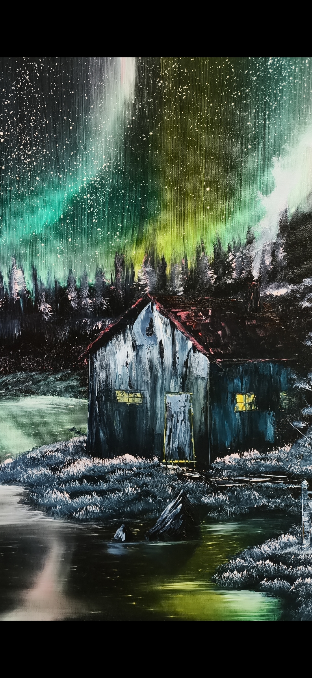 'Watching Stars' Aurora Borealis Original Oil Painting