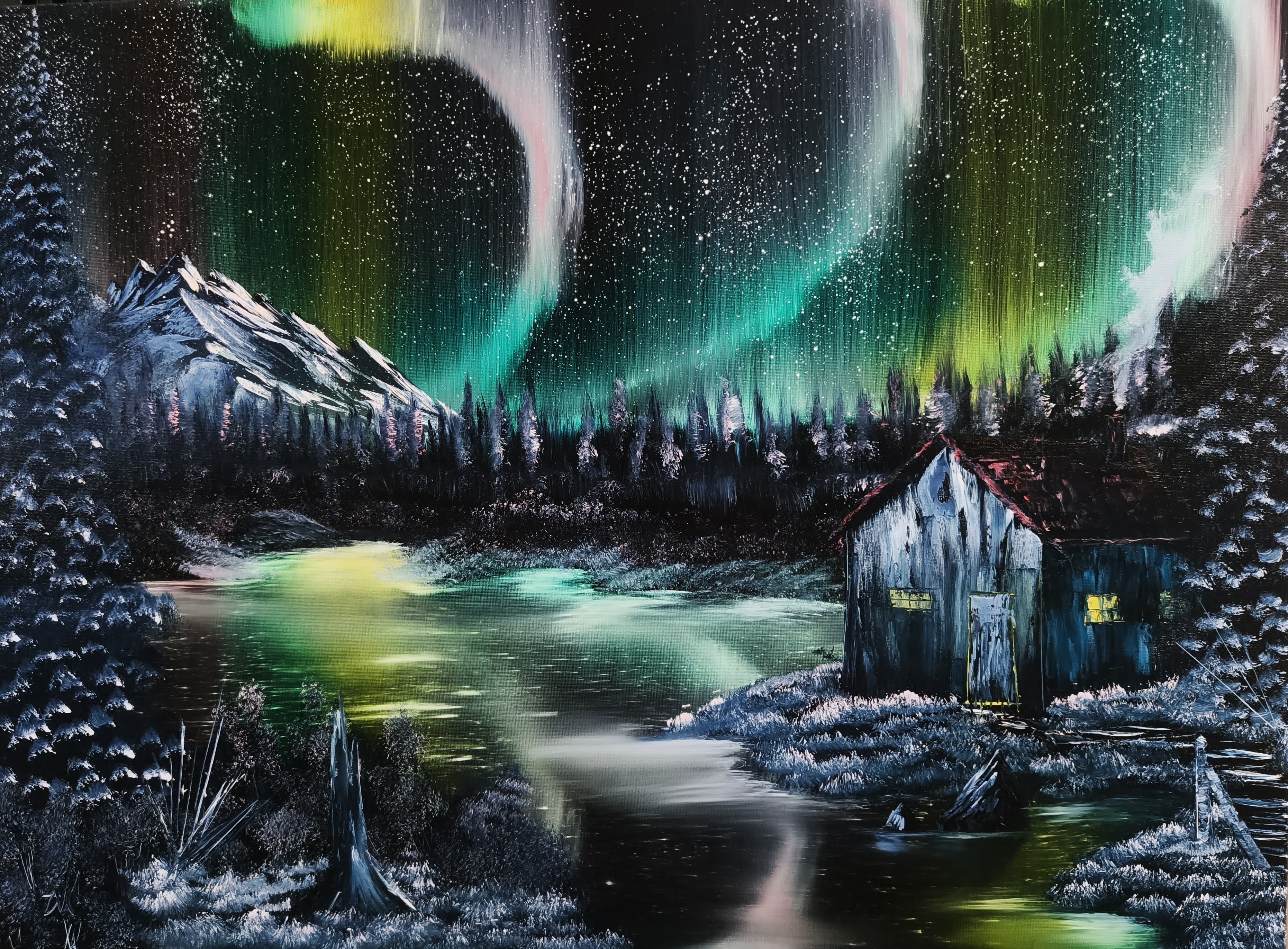 'Watching Stars' Aurora Borealis Original Oil Painting