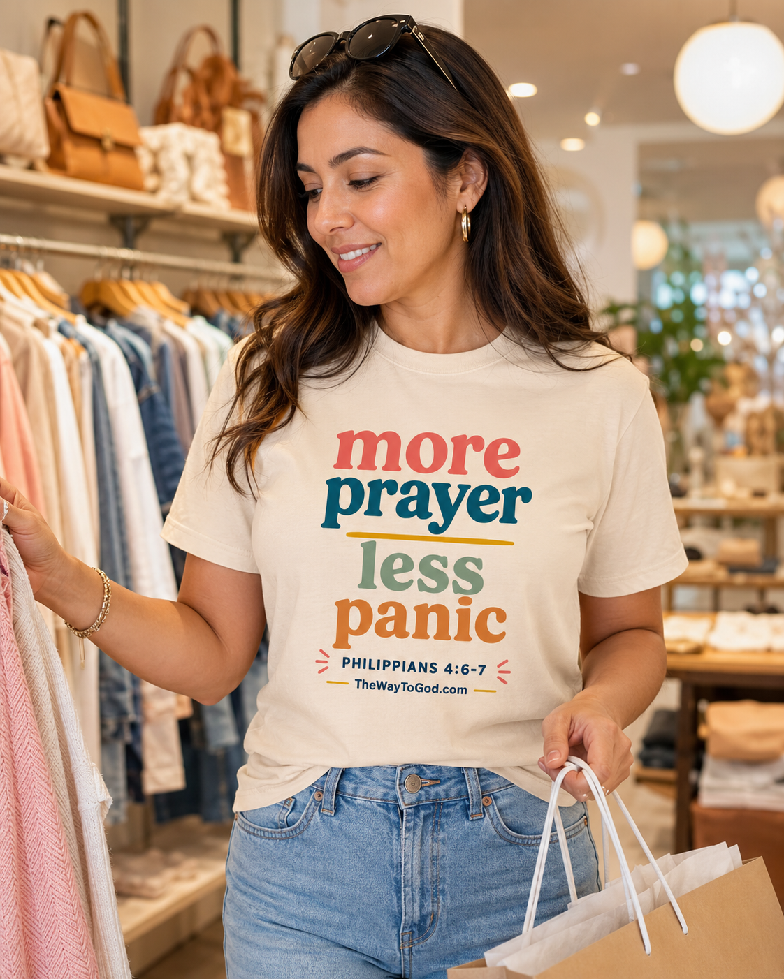More Prayer Less Panic - Phil. 4:6-7 Women's T-shirt