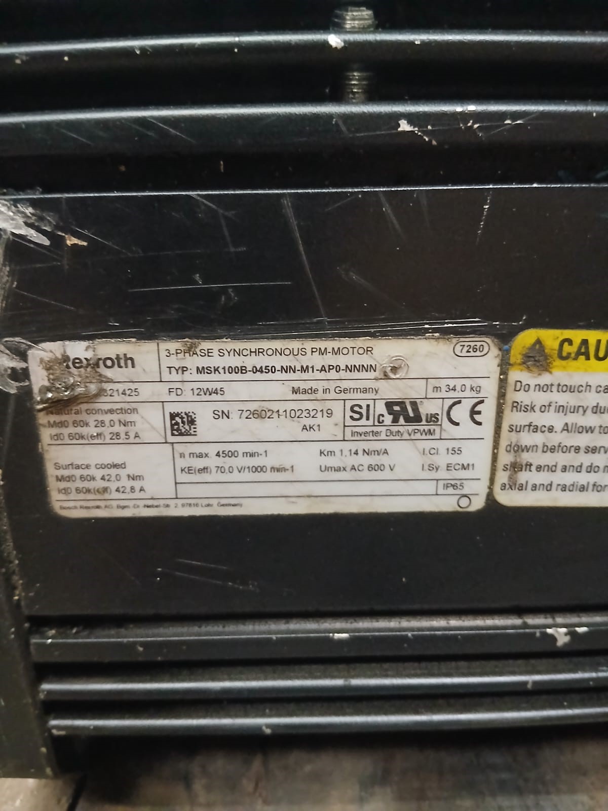 Servo Motor Rexroth (Bosch Rexroth), Modelo: MSK100B-0450-NN-M1-AP0-NNNN
