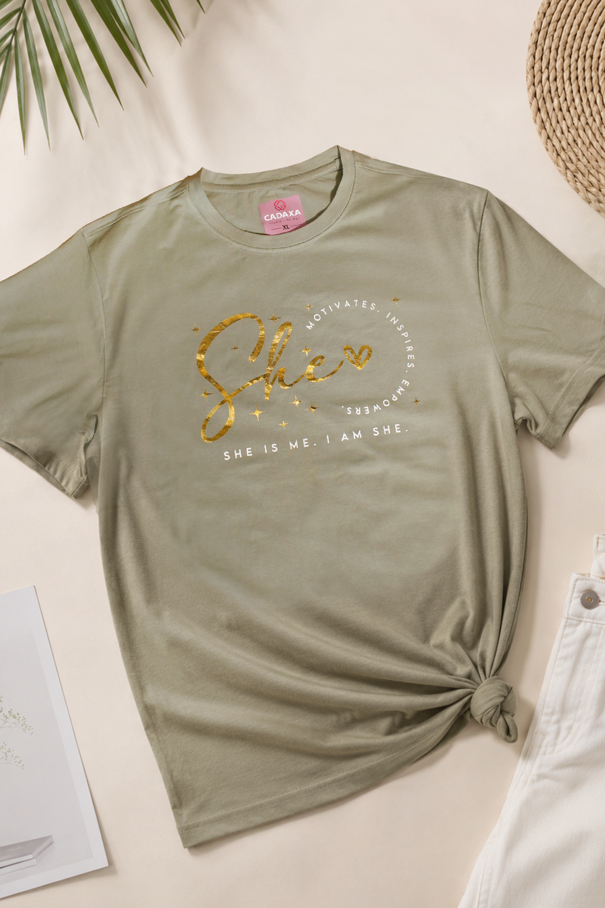 Women's Printed Round Neck T-Shirt – Olive Green - Pink