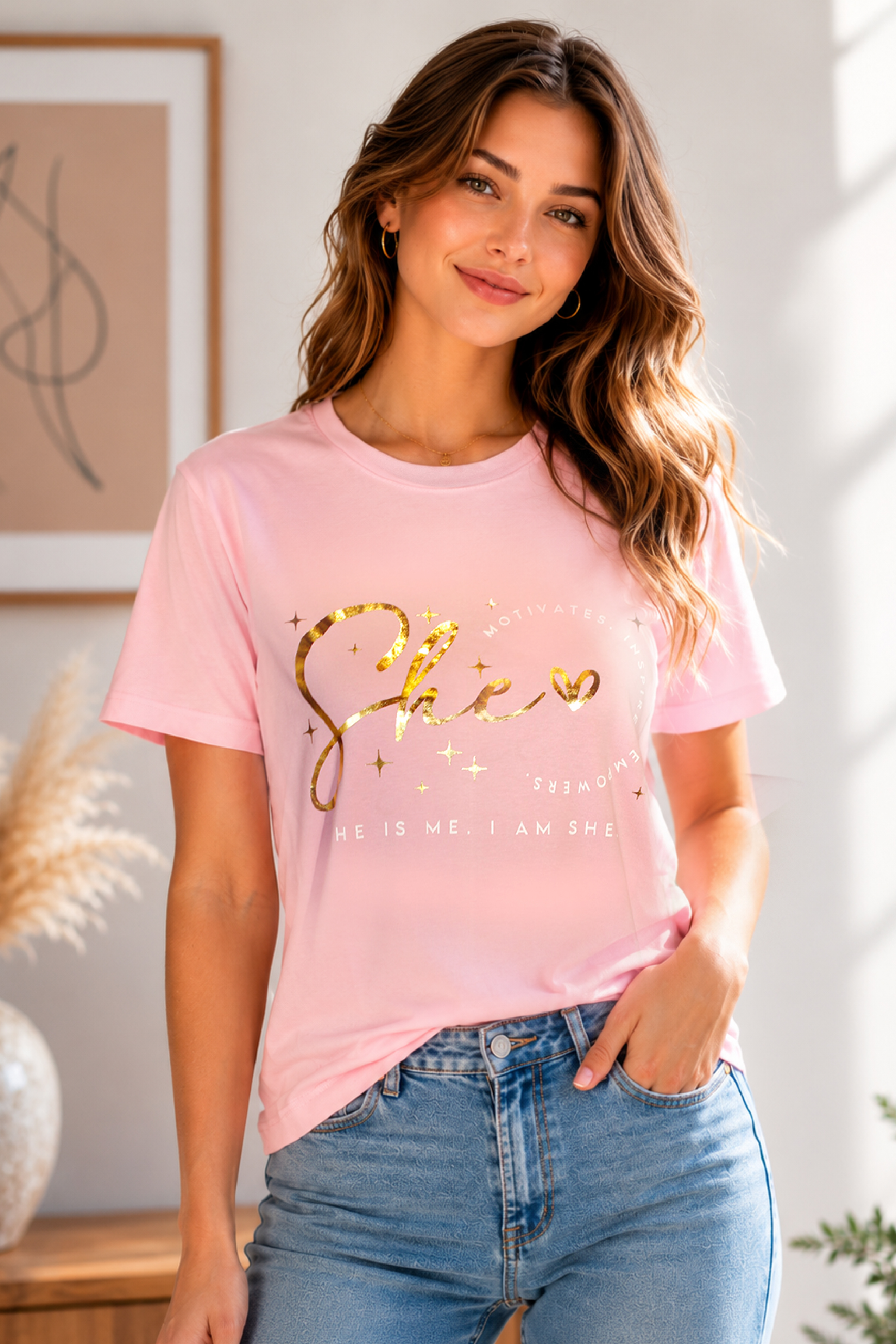 Women's Printed Round Neck T-Shirt – Olive Green - Pink