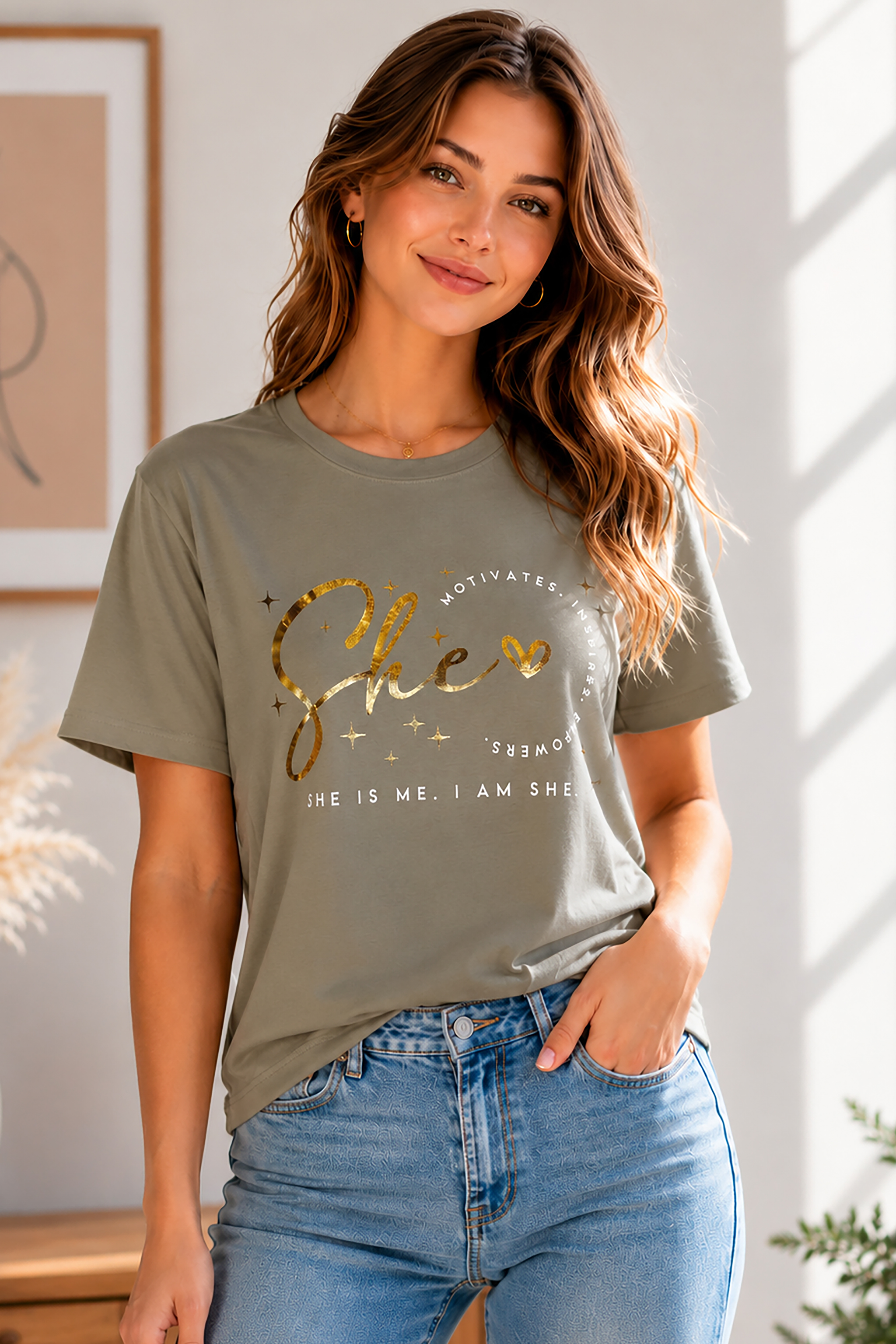 Women's Printed Round Neck T-Shirt – Olive Green - Pink