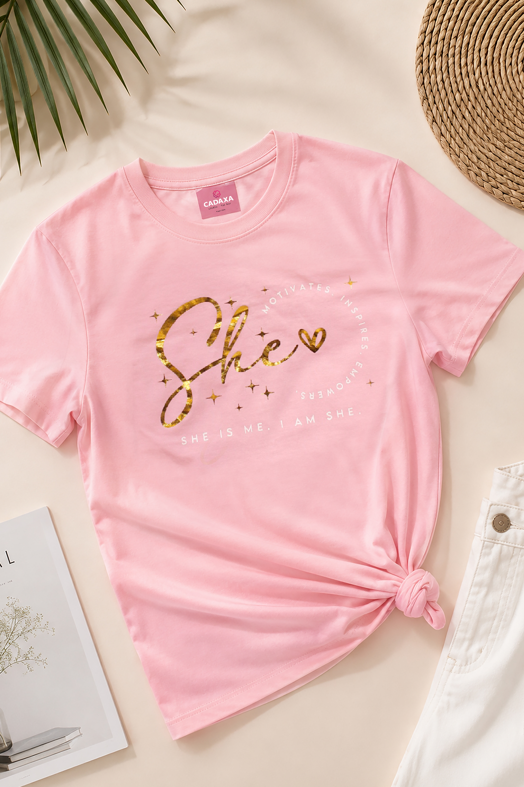 Women's Printed Round Neck T-Shirt – Olive Green - Pink