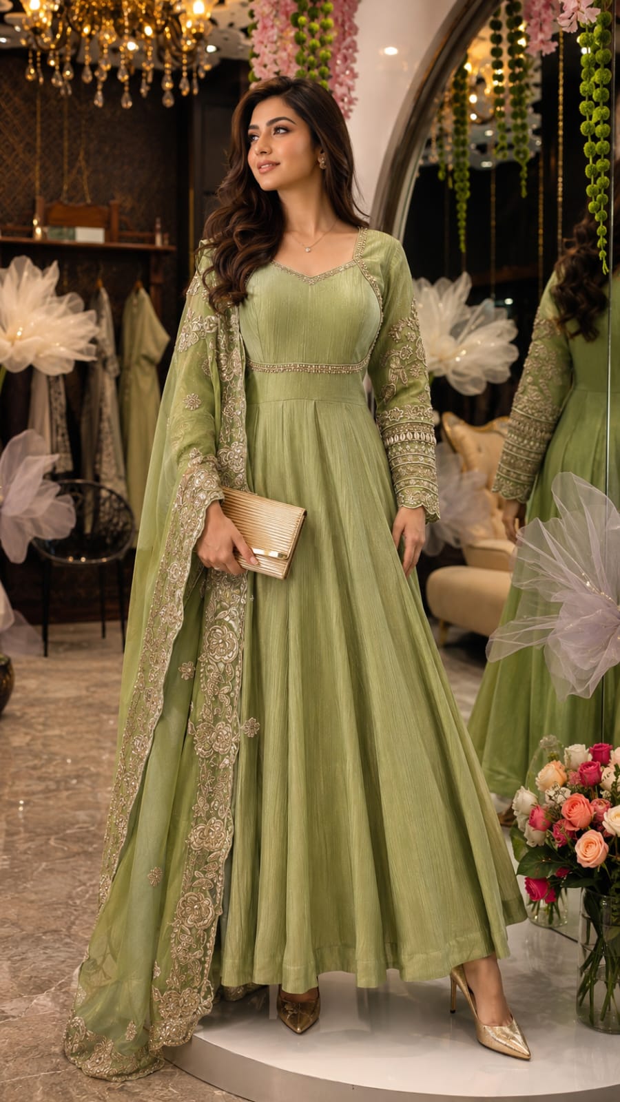 Elegant Olive Green Anarkali Gown :ZC009