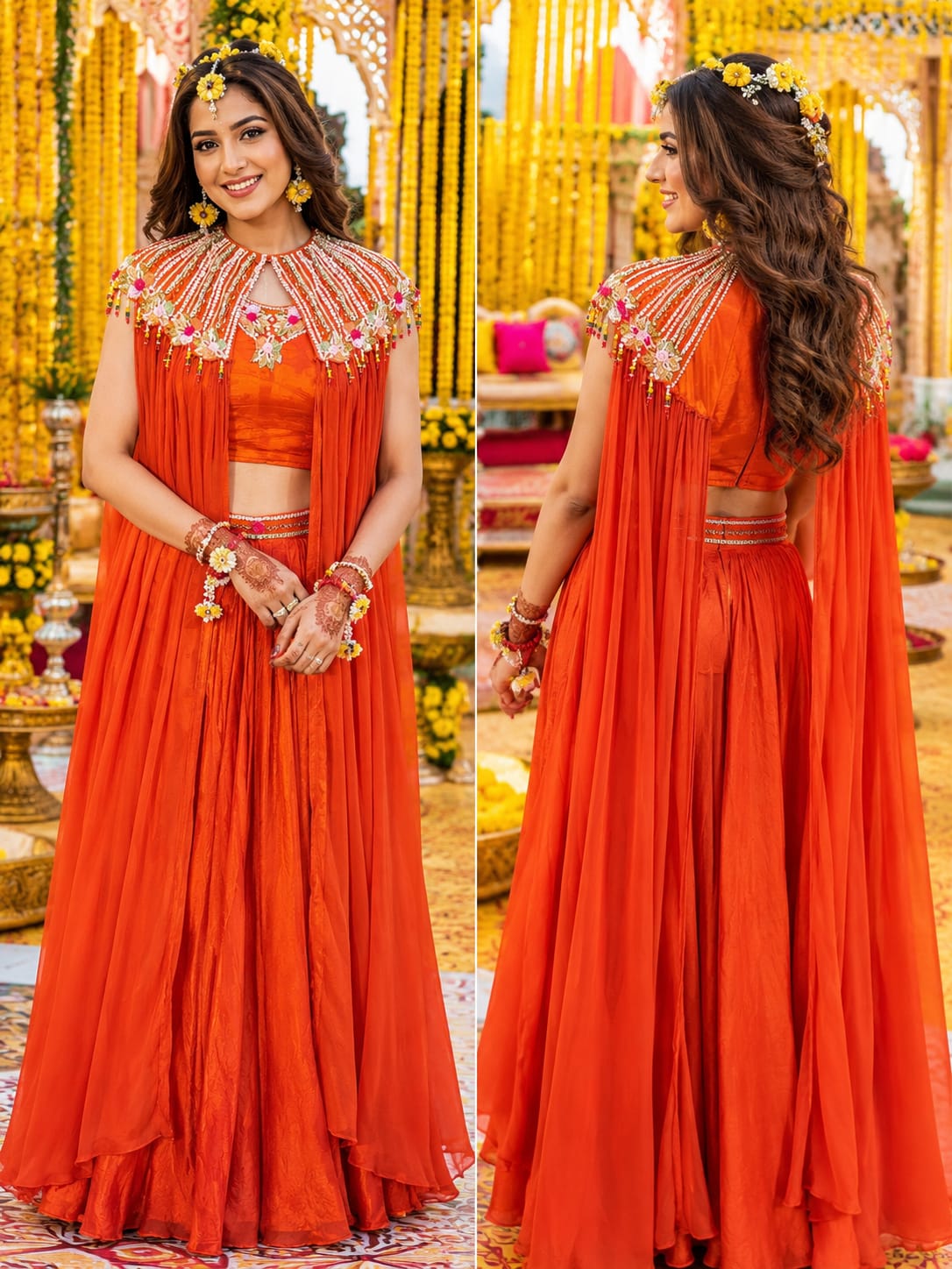 Orange Festive Cape Lehenga Set:ZC014