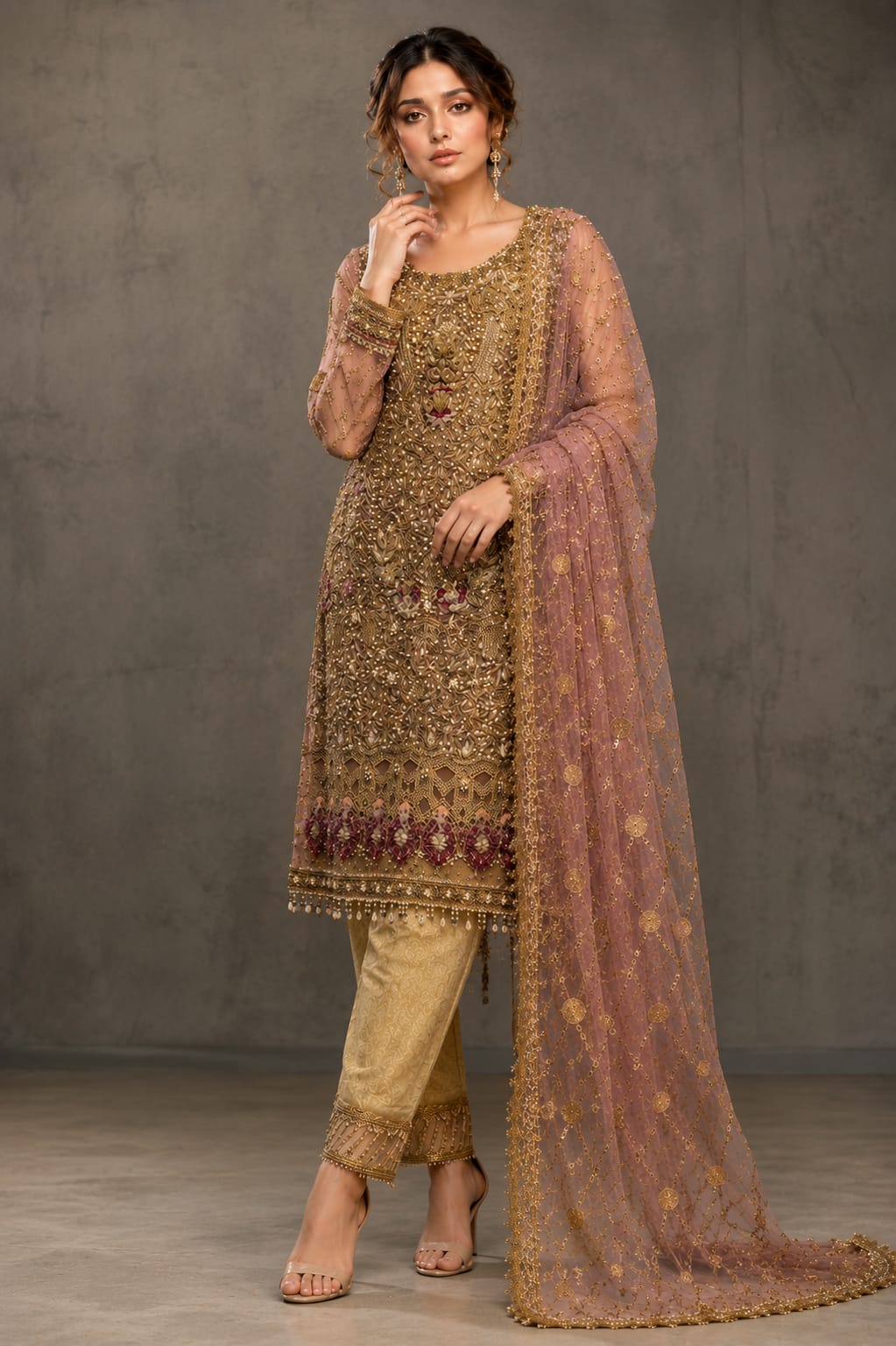Embroidered Gold Pakistani Suit::ZC012