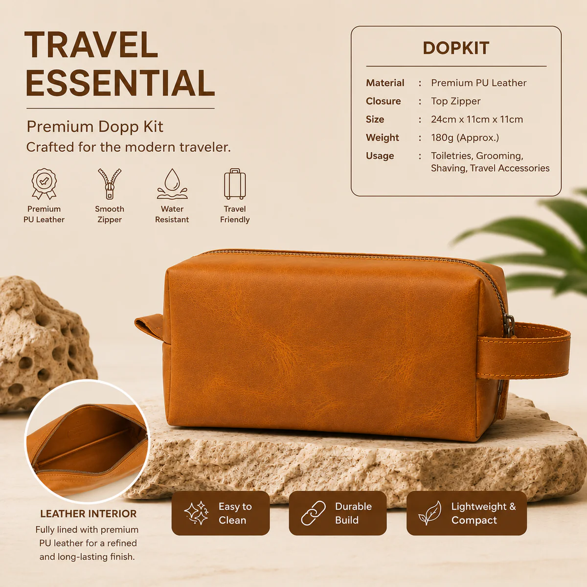 Luxury Leather Toiletry Bag Tan Color
